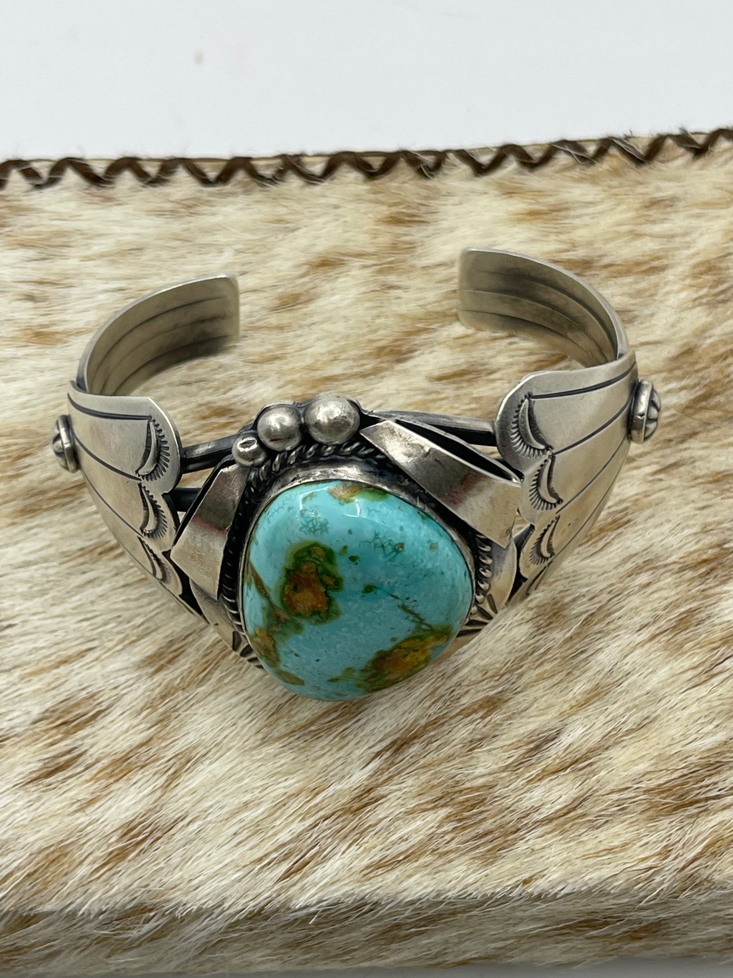 5 3/4"-7" Sonoran Gold Turquoise and Silver Cuff by Delbert Secatero, Navajo