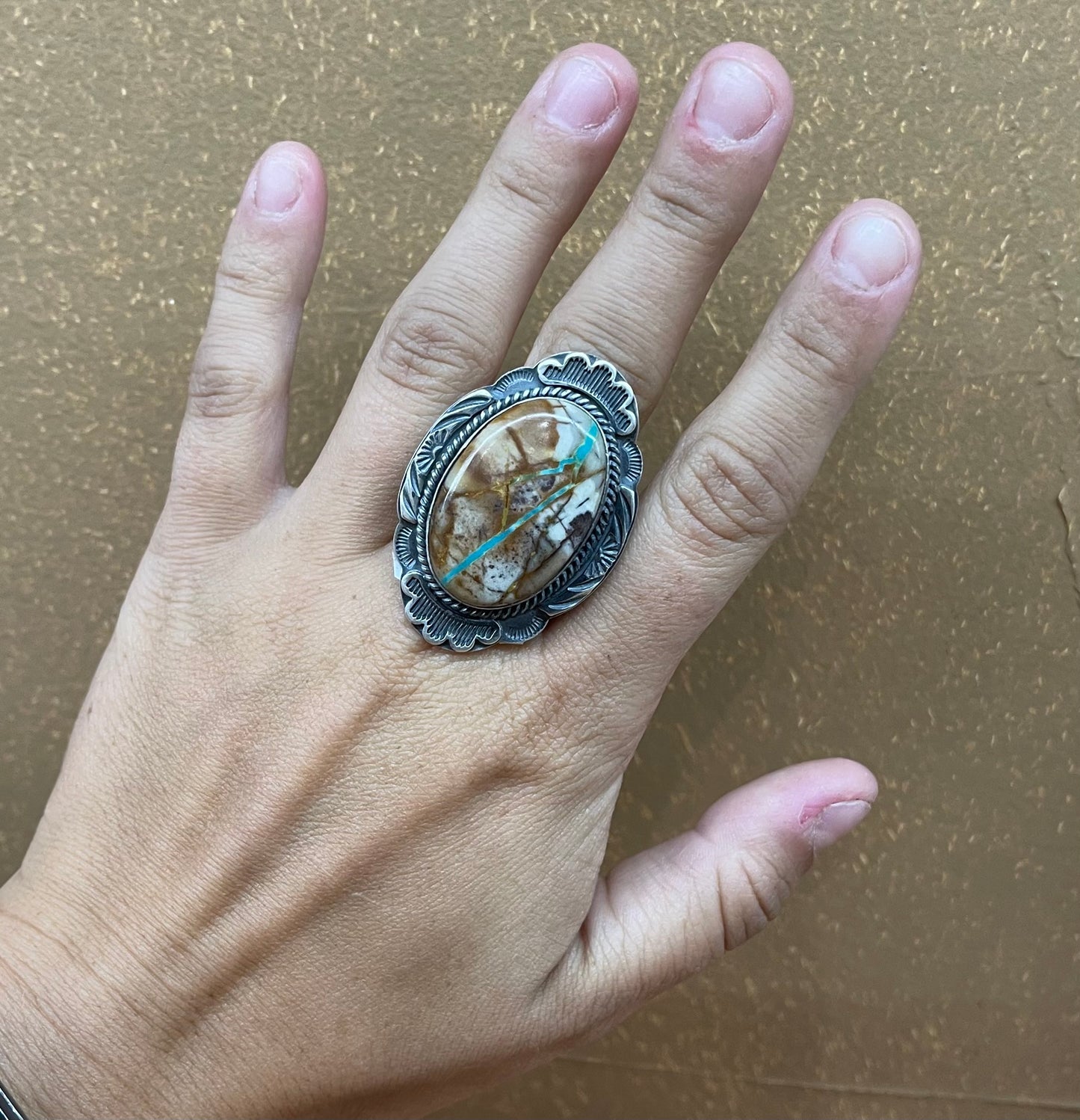 3 Piece Ribbon Turquoise 26" Lariat, 7.5 Ring, and Earring Set by Gilbert Nez, Navajo