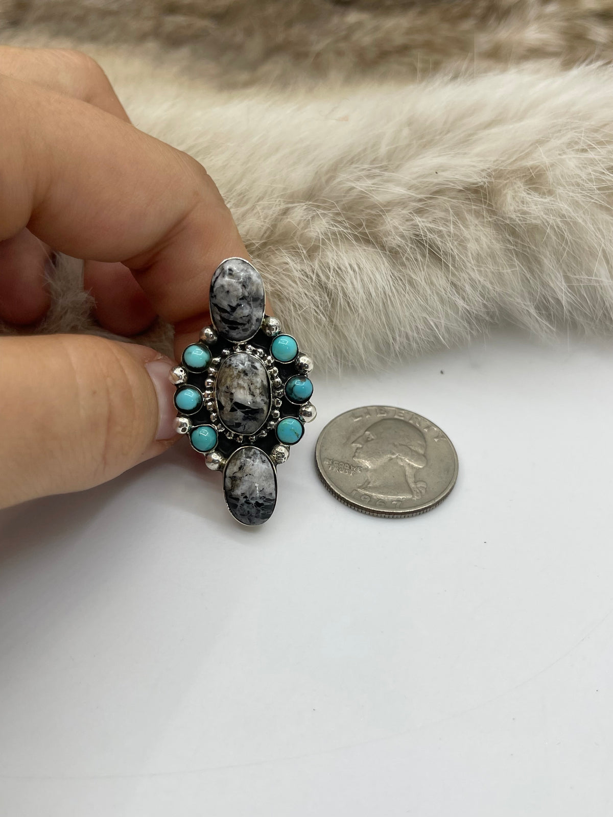 7.0 White Buffalo & Sleeping Beauty Turquoise Ring by David Lopez, Navajo