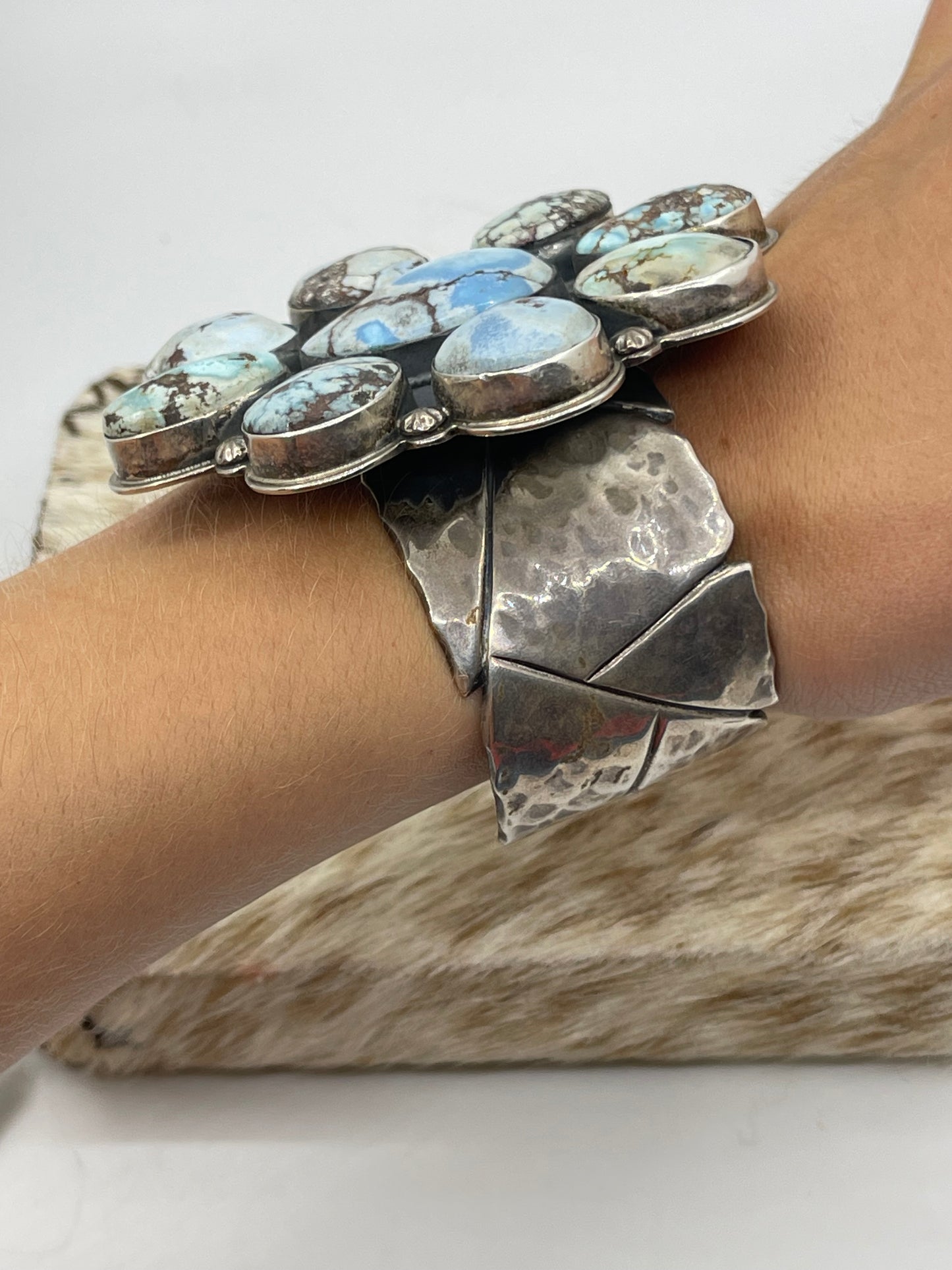 5 3/4"-7" Golden Hills Turquoise Cluster Cuff by Steven Nez, Navajo