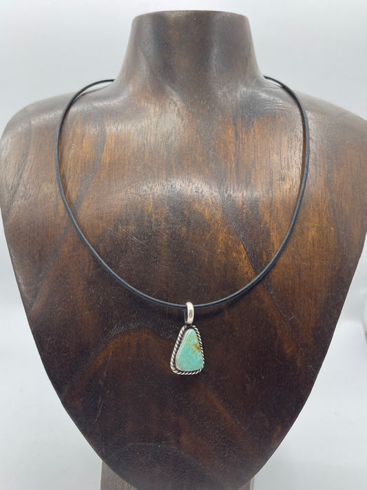 Turquoise On A Black Leather Cord Necklace