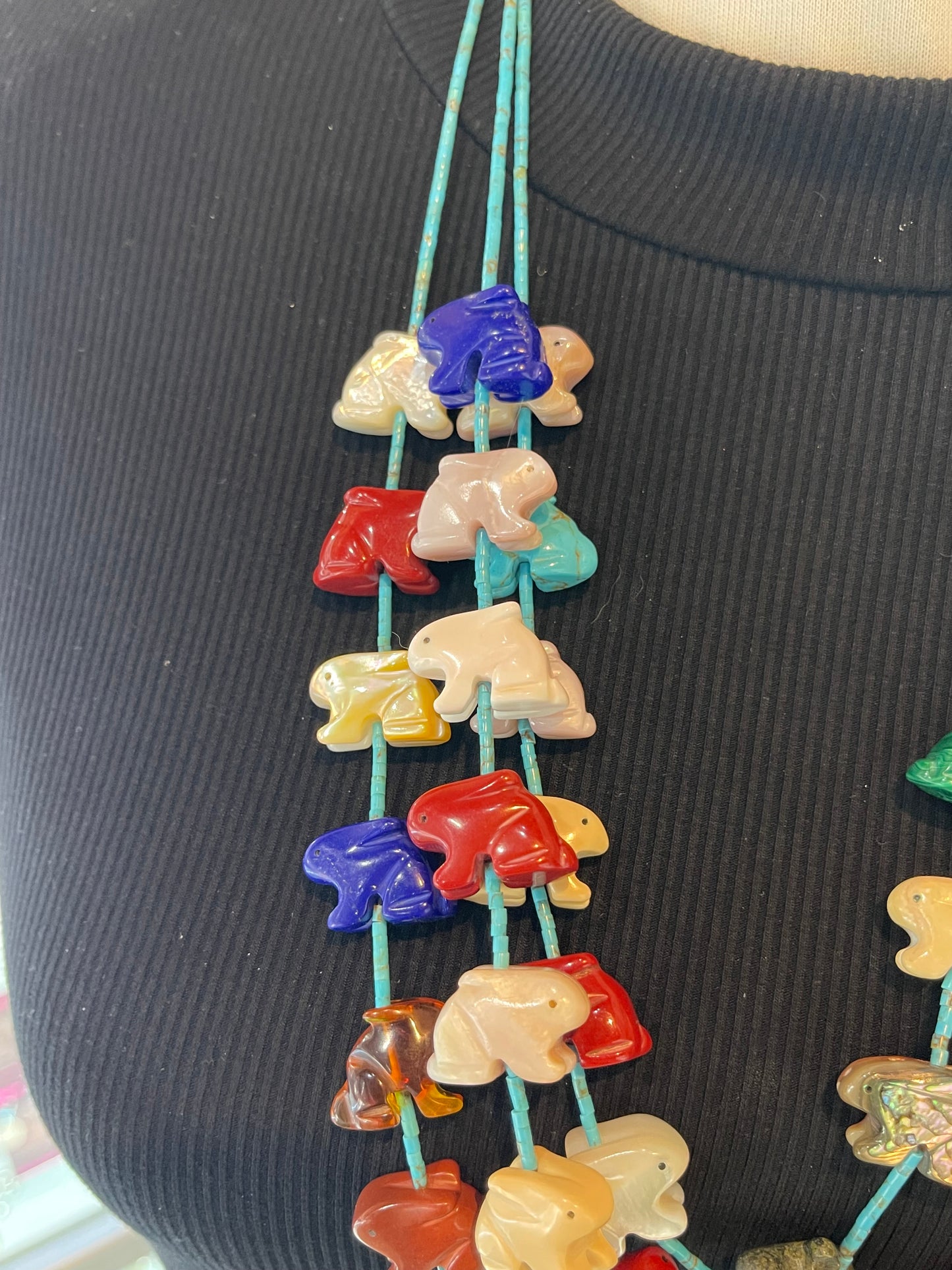 30" 3 Strand Rabbit Fetish Necklace Multi Stone, Navajo