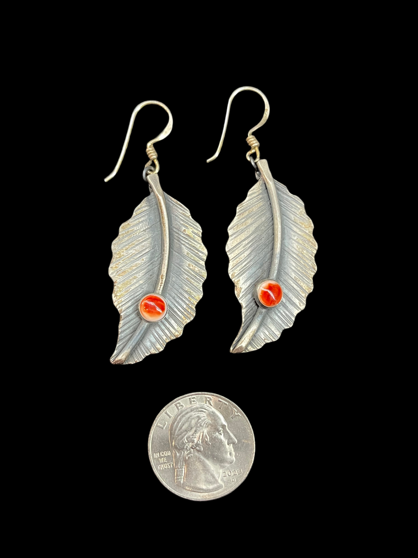 Dangle Feather Earrings with Spiny Oyster Shell