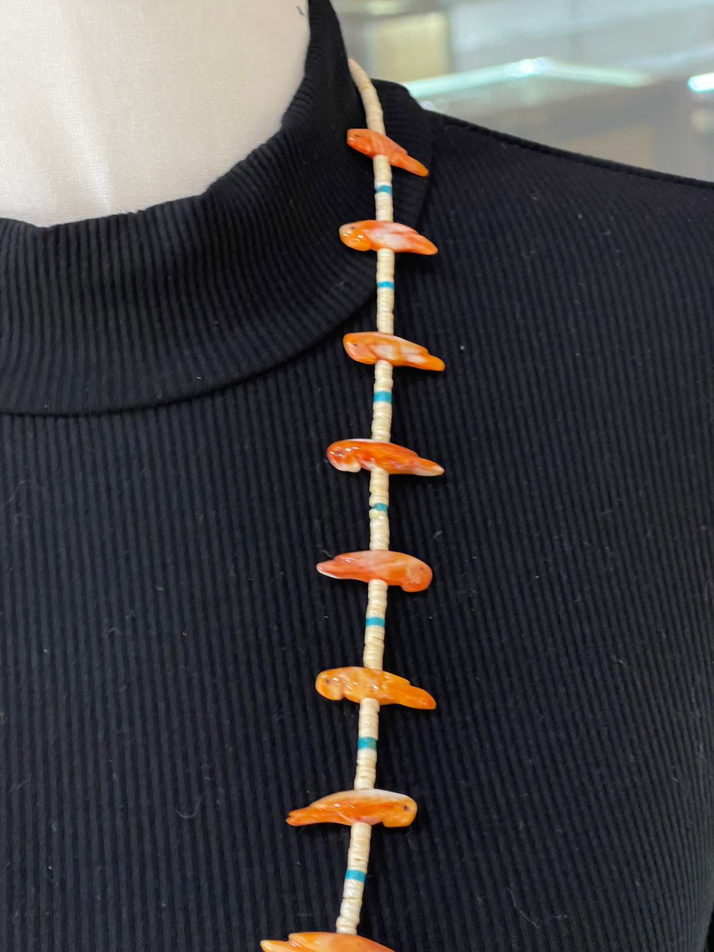 28" Orange Spiny, Melon Shell, and Turquoise Fetish Necklace by Neil Thomas, Santo Domingo