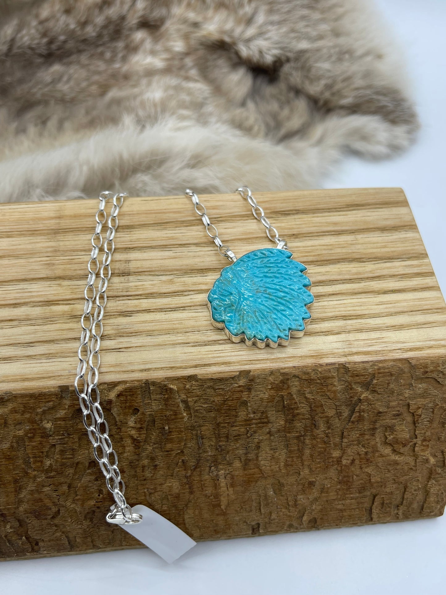 17” Carved Turquoise Indian Chief with Headdress Necklace