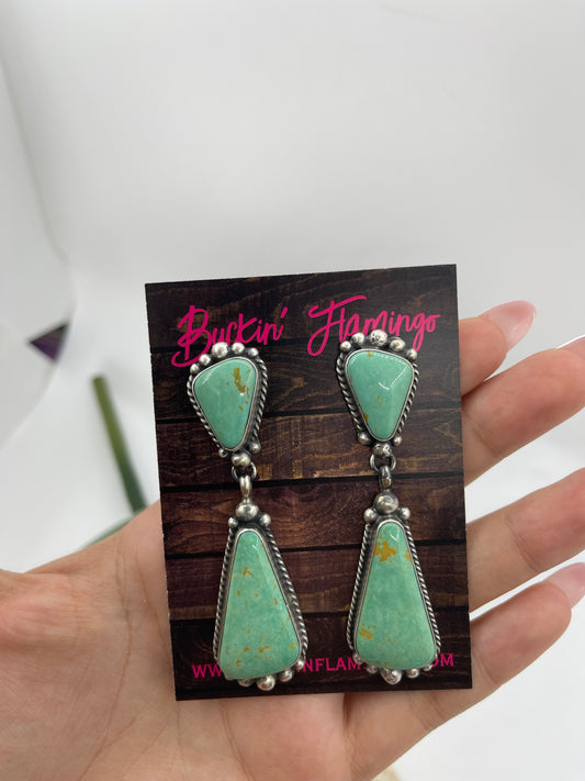 Kingman Turquoise Post Dangle Earrings by Elouise Kee, Navajo