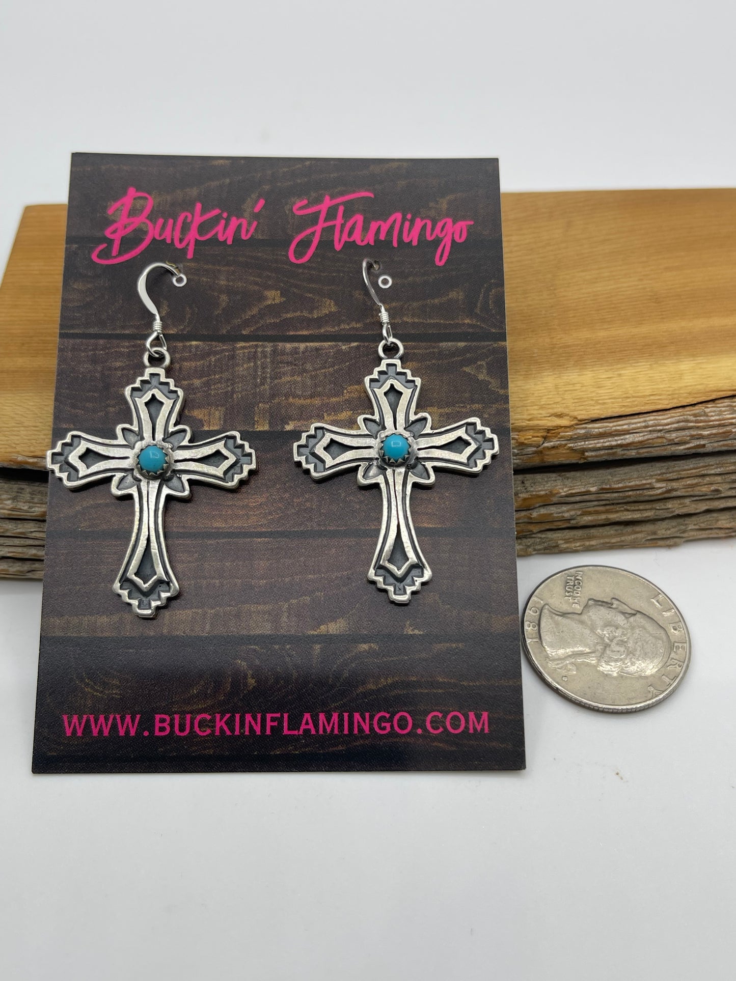 Silver Overlay Turquoise Cross Dangle Earrings by Louise Joe, Navajo