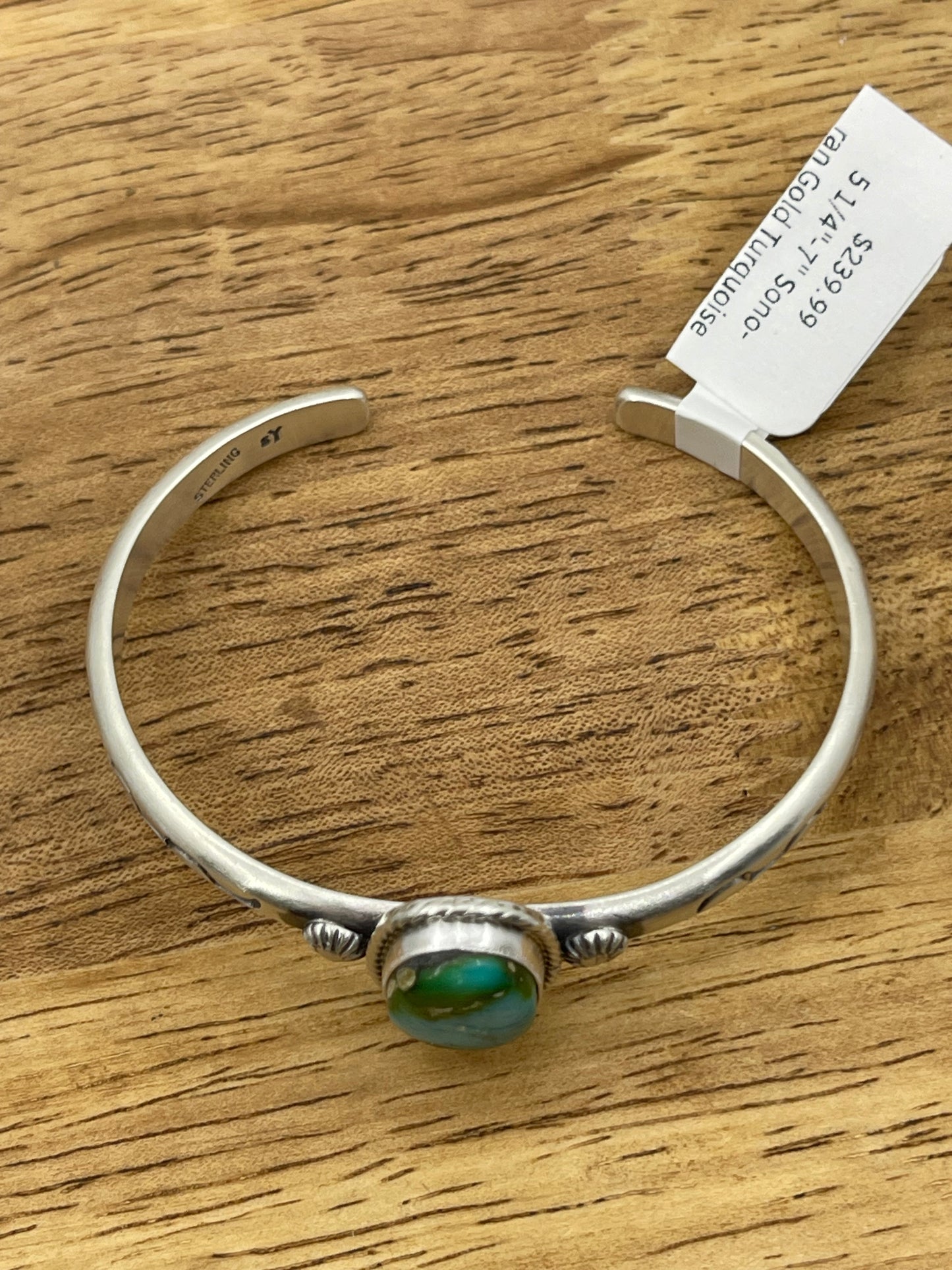 5.25" - 7" Sonoran Gold Turquoise Stamped Cuff by Samuel Yellowhair, Navajo