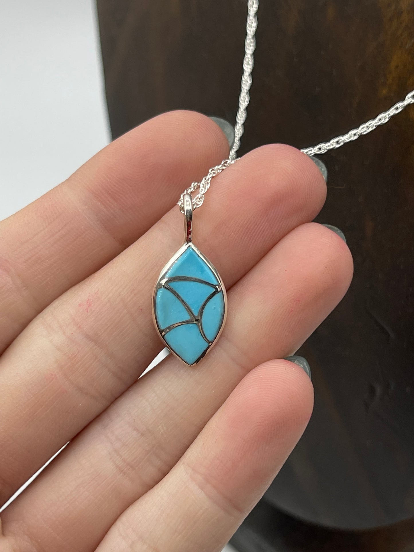 18" Turquoise Fish Scale Inlay Necklace by Delorna Lahi, Zuni