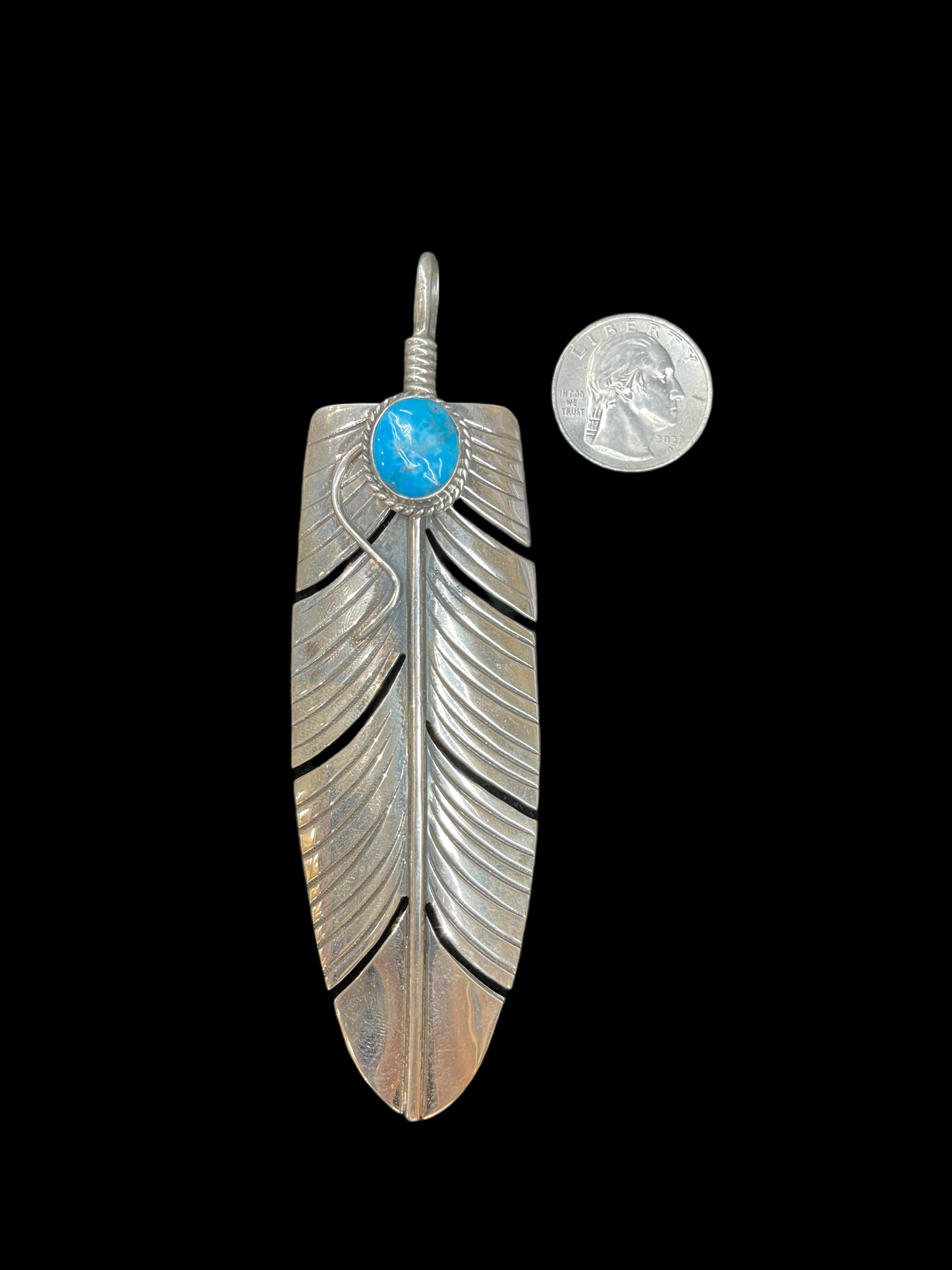 High End Kingman Turquoise Feather Pendant by Jeff Largo, Navajo