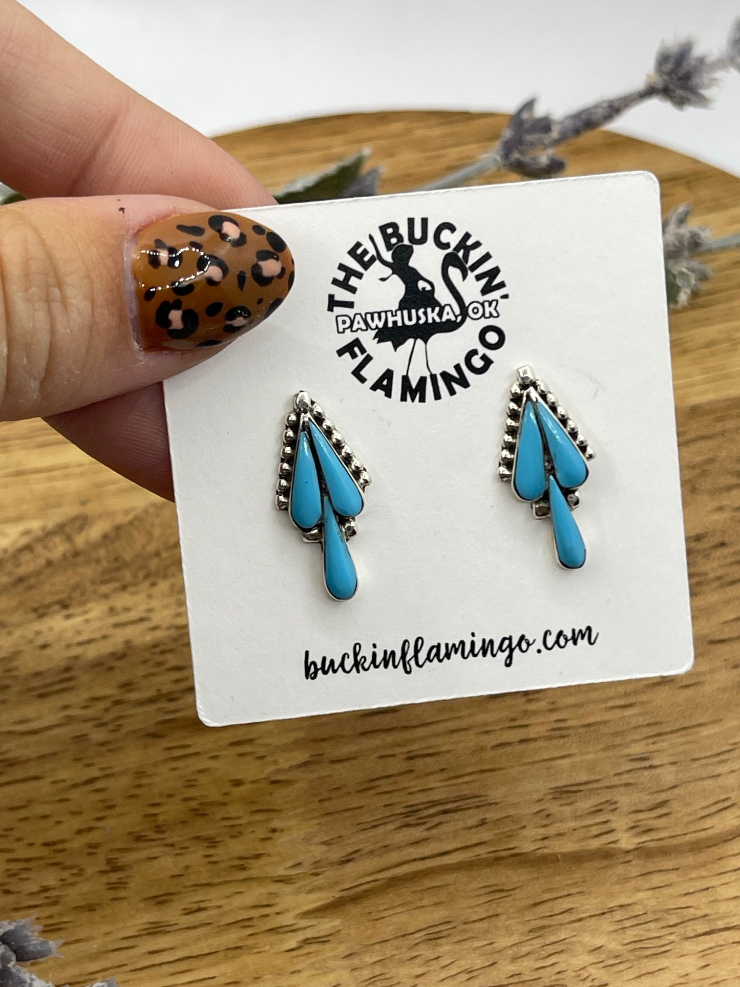 3 Stone Turquoise Teardrop Post Earrings by Vincent Hooee, Zuni