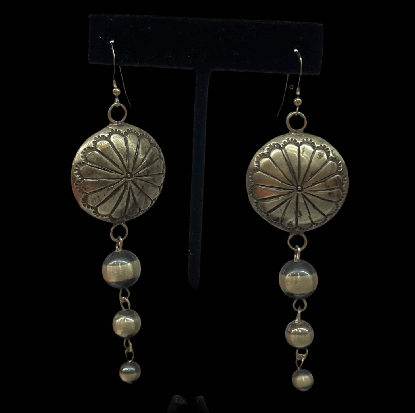 Stamped Serling Silver Discs with Graduating Navajo Pearl Dangle Earrings by Russell Sam, Navajo