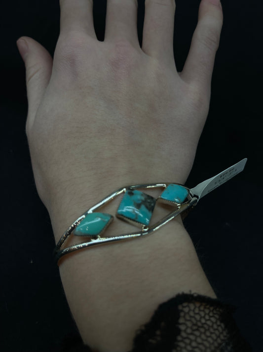 5 3/4" -7" 3 Stoen Turquoise Diamond Shaped Cuff by Helen Barbone, Navajo