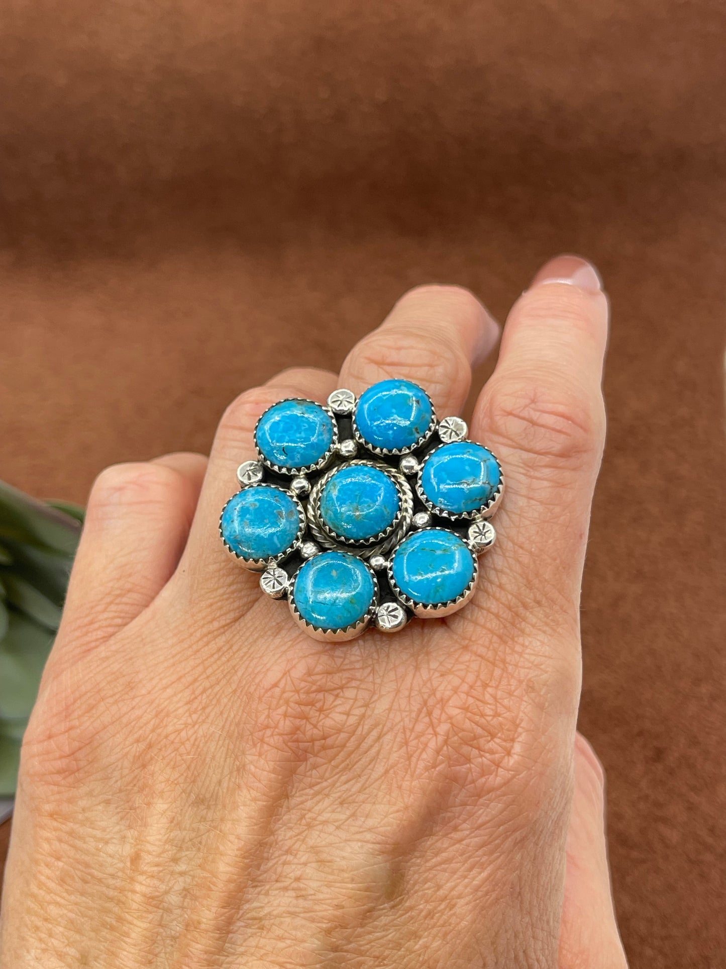 10.0 7 Stone Turquoise Cluster Ring by Charlene Yazzie, Navajo