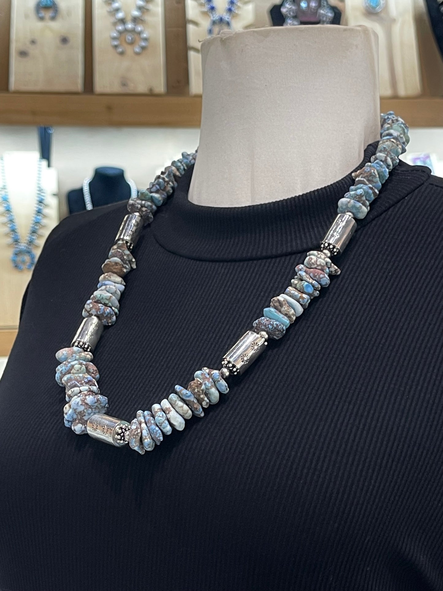 26" Natural Golden Hills Chunky Slab Turquoise Necklace with Stamped Barrel Beads