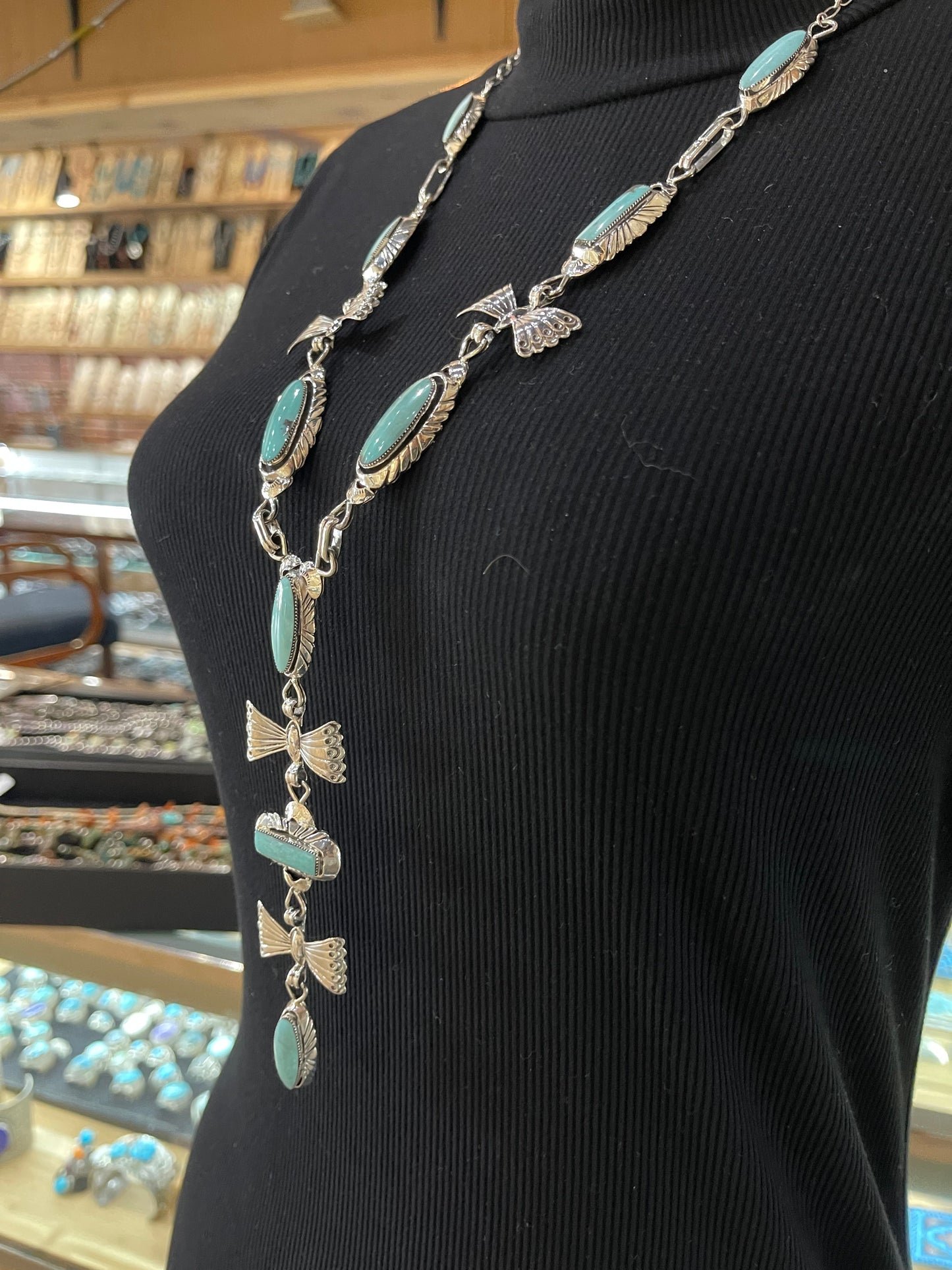 26"+5 1/2" Kingman Turquoise Lariat Bow Necklace by Emerson Delgarito, Navajo