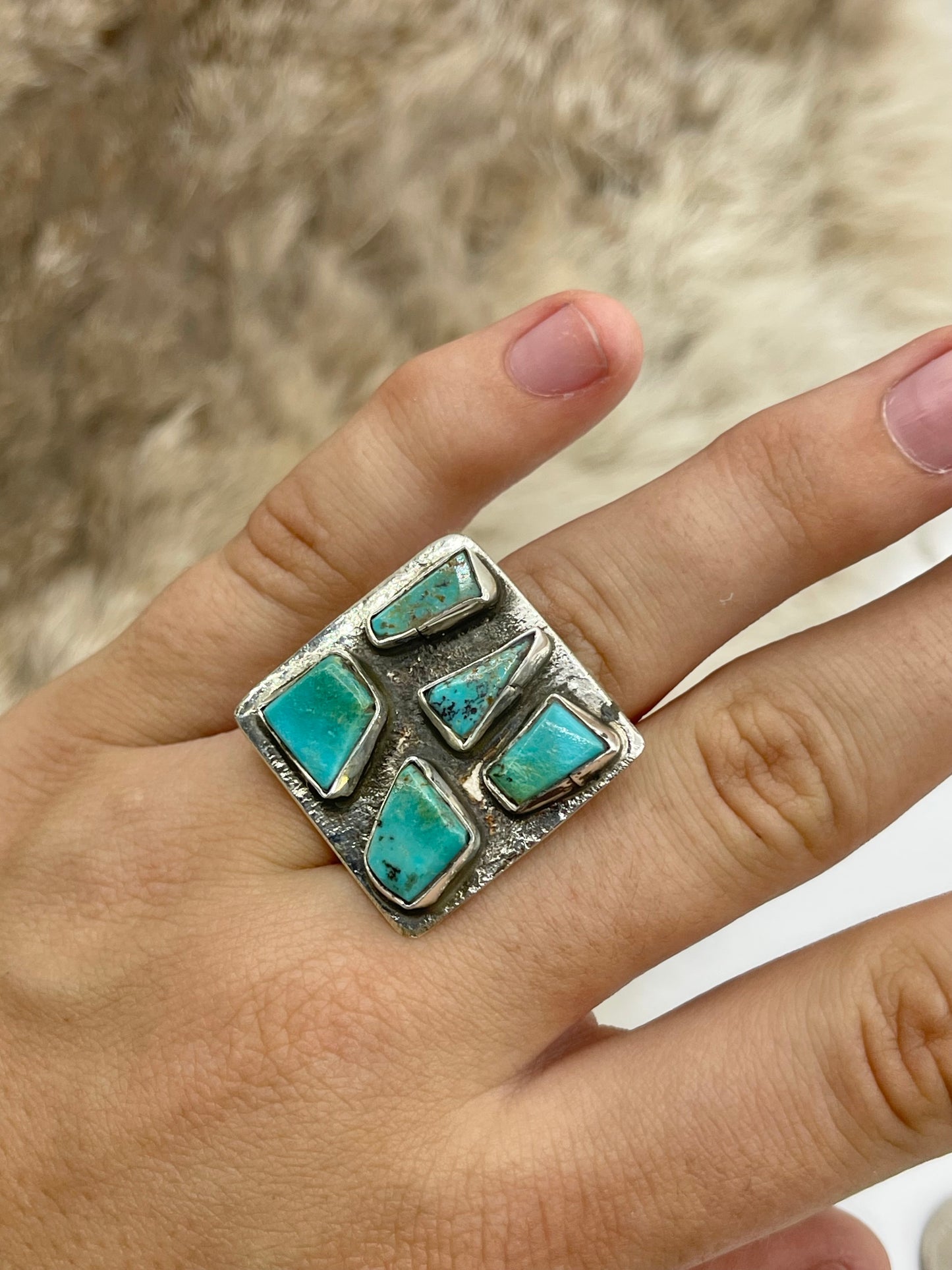 7.5 5 Stone Square Ring by Jude Candelaria, Zuni