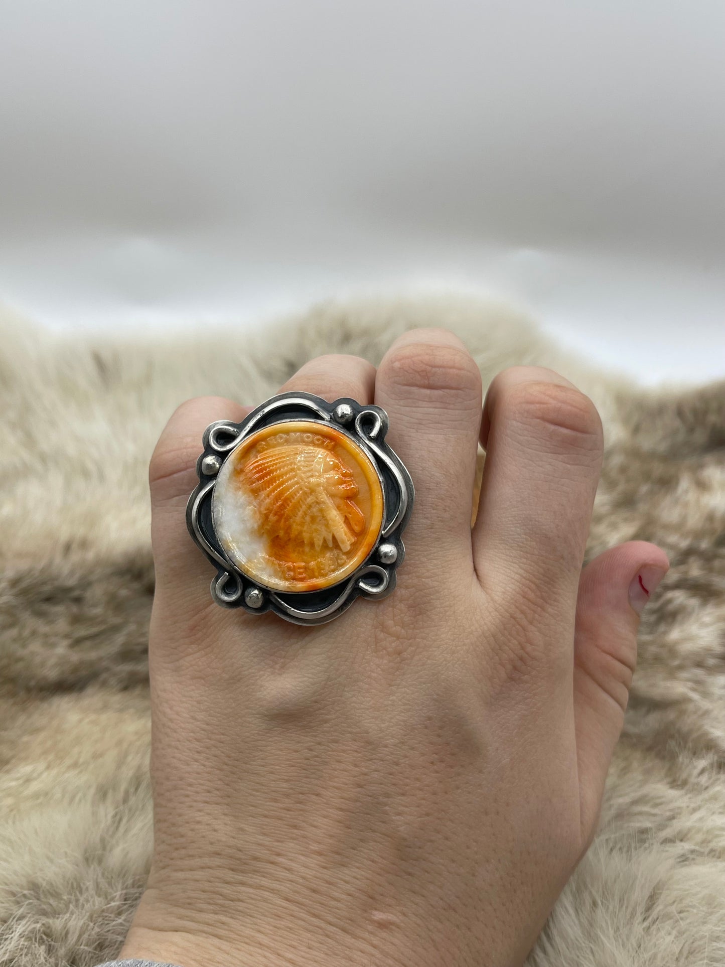 Adjustable Light Orange Ring By Lyle Piaso, Navajo