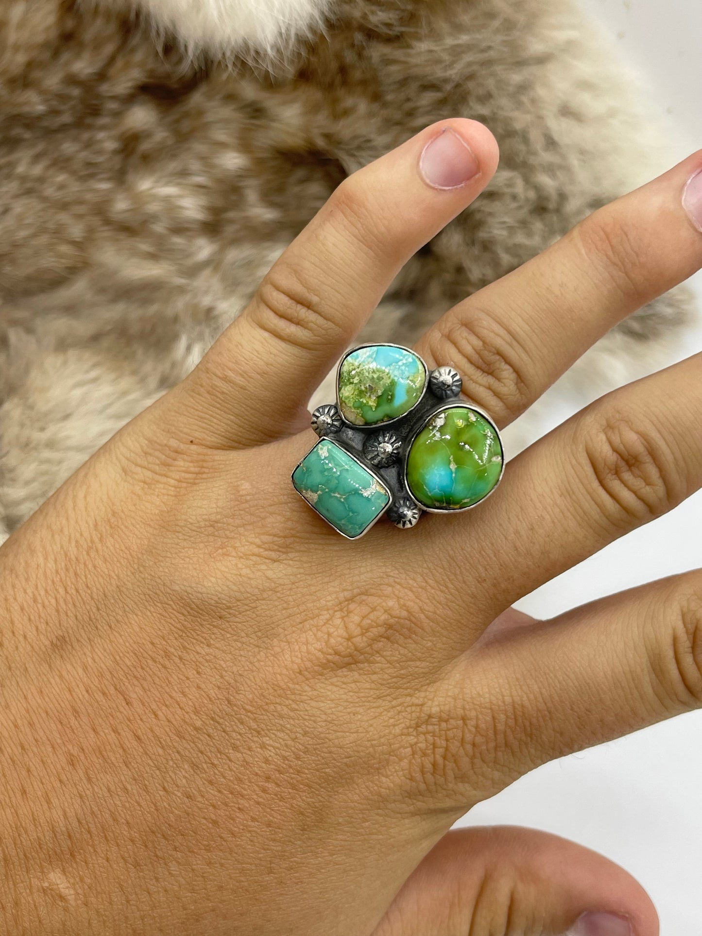 Adjustable (7.0-10.0) 3 Stone Sonoran Gold Turquoise Ring