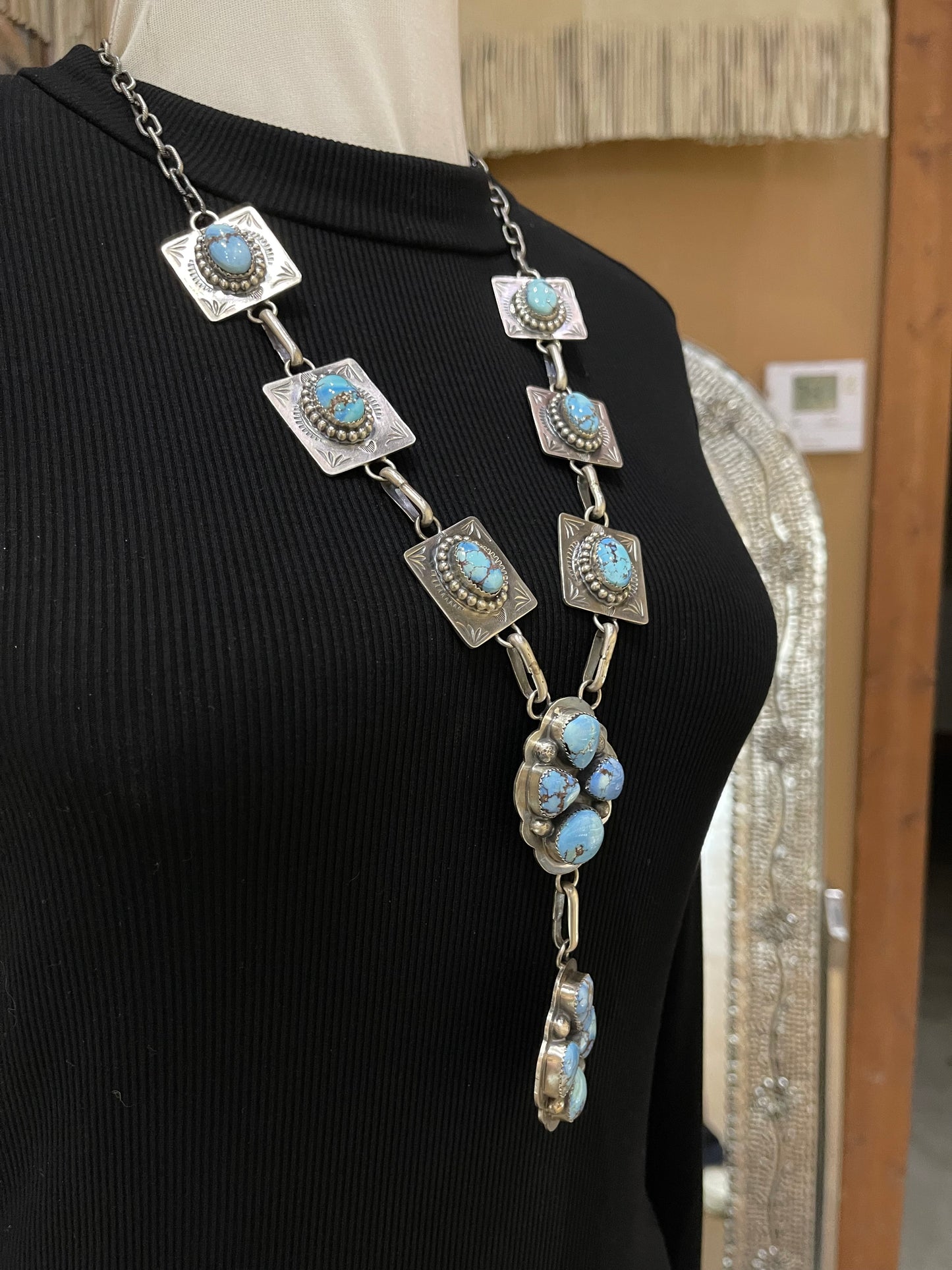 26" Golden Hills Turquoise Lariat Necklace by Delbert Secatero, Navajo