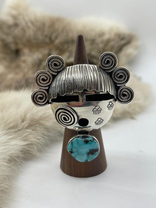 8.0 High Grade Kingman Turquoise Maiden Face Ring by Alex Sanchez, Navajo