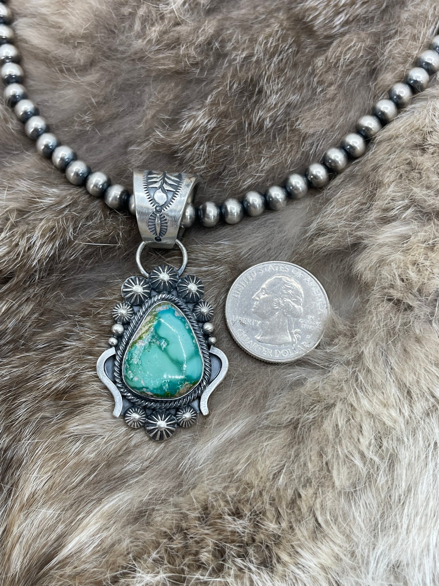 Sonoran Gold Turquoise Pendant with 18" 6mm Navajo Style Pearls by Tom Lewis, Navajo