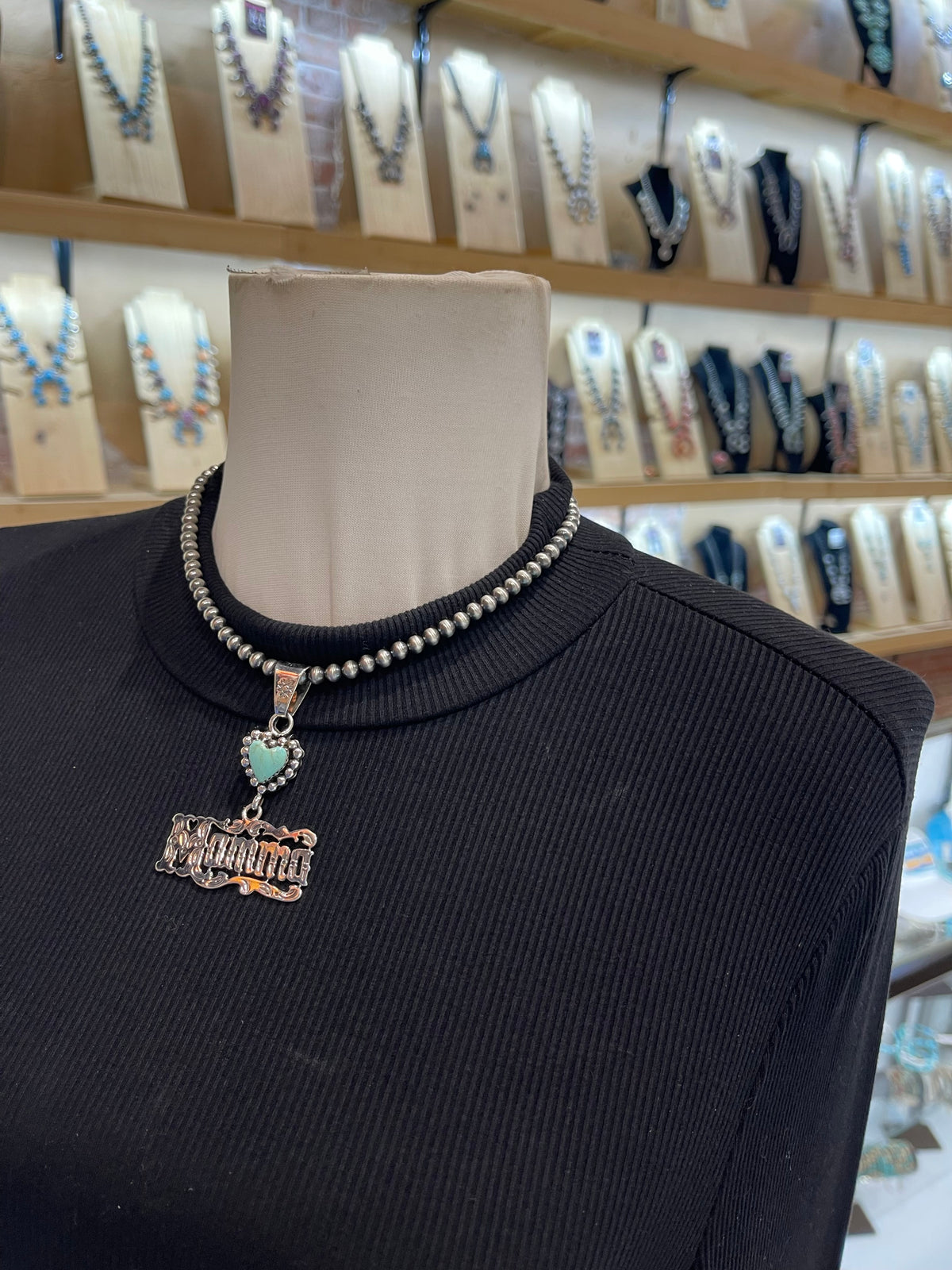 5mm 16” Momma Necklace with Turquoise Heart Pendant by Michael Yazzie, Navajo