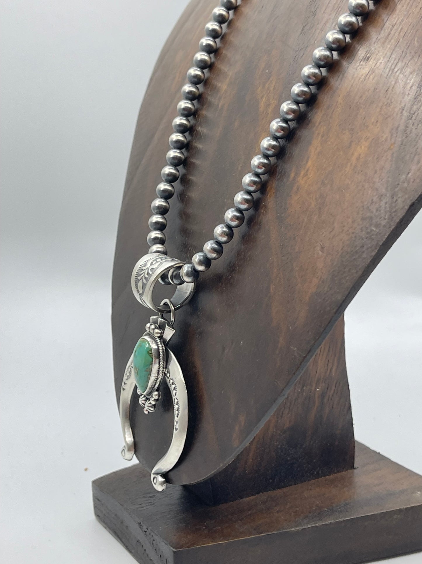 18" 6mm Navajo Pearls with Sonoran Gold Turquoise Naja Pendant by Samuel Yellowhair, Navajo