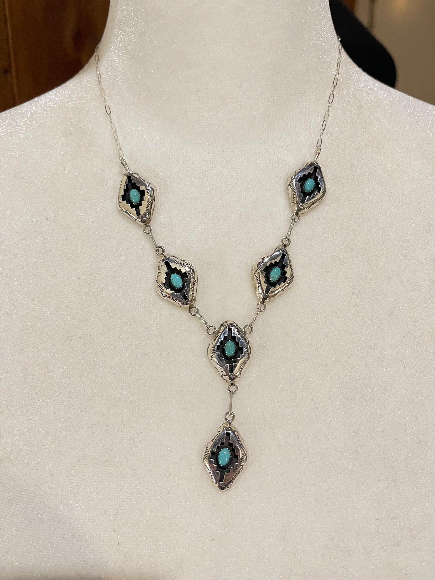 16" Turquoise Shadowbox Lariat Necklace and Post Earrings Set by Felix Perry, Navajo