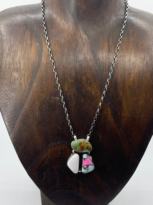 Turquoise, Cotton Candy, and White Buffalo Cluster Necklace by Donovan Skeets, Navajo