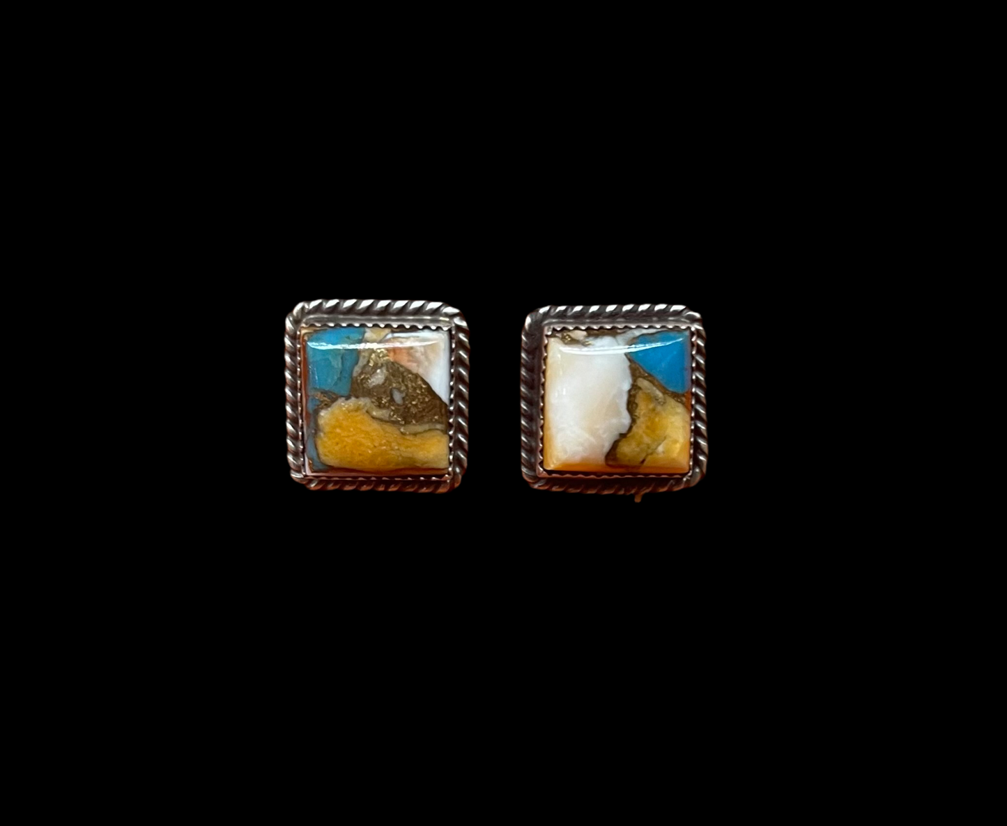 Spiny Turquoise Square Post Earrings by Judith Dixon, Navajo