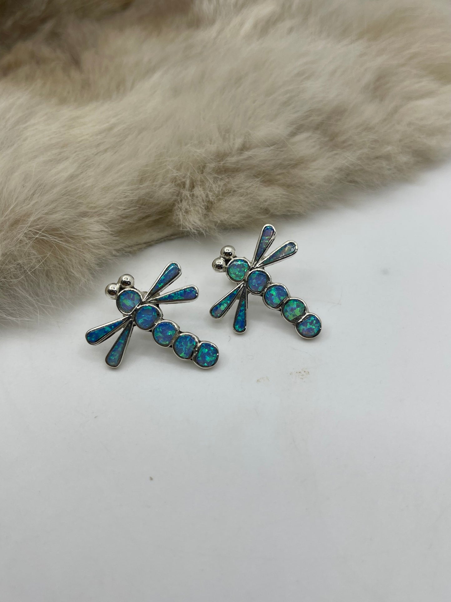 Blue Opal Dragonfly Earrings by Emma Edaakie, Zuni