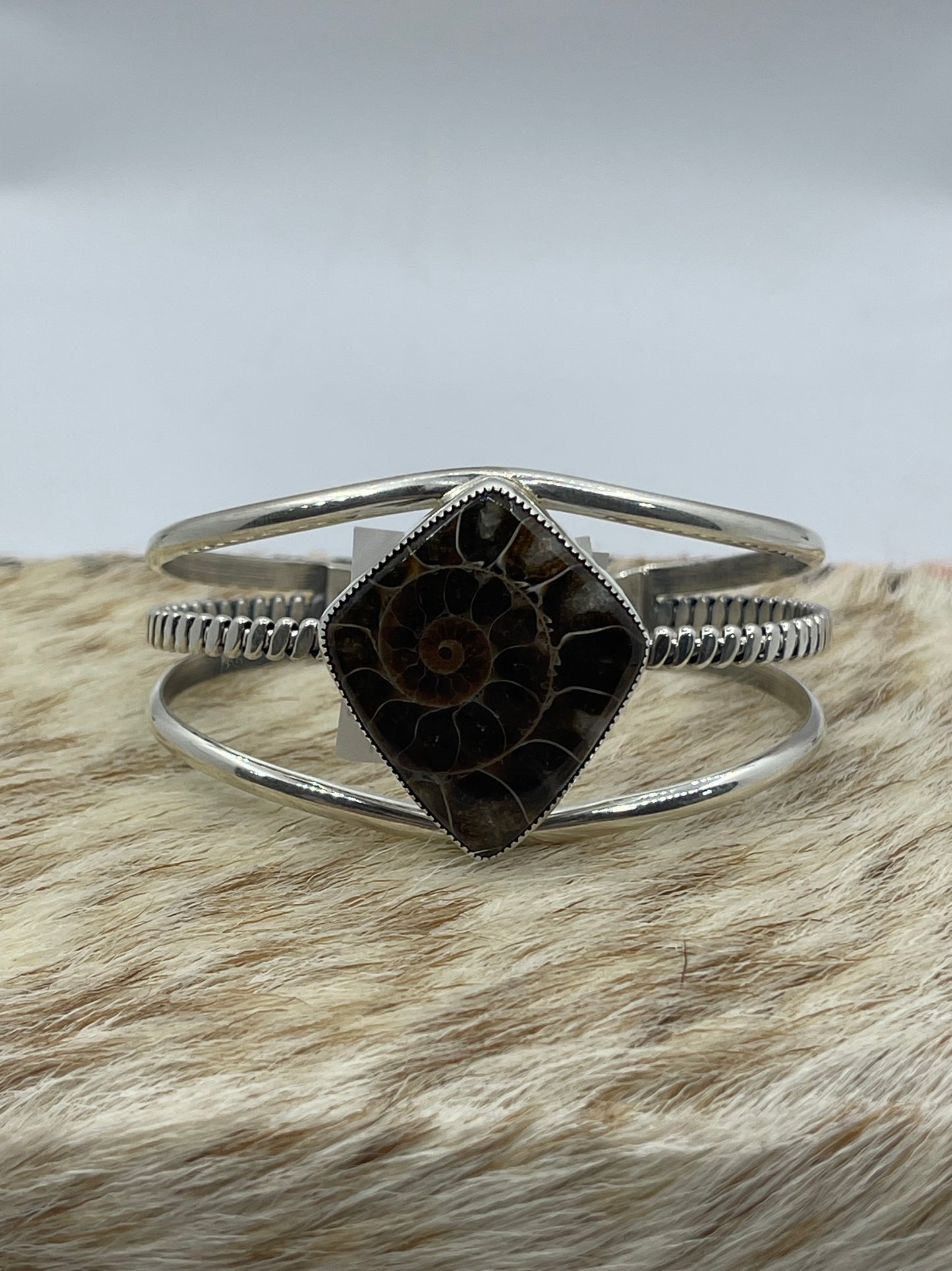 5 1/2"-7" Ammonite Fossil Cuff by Dvane Smith, Navajo