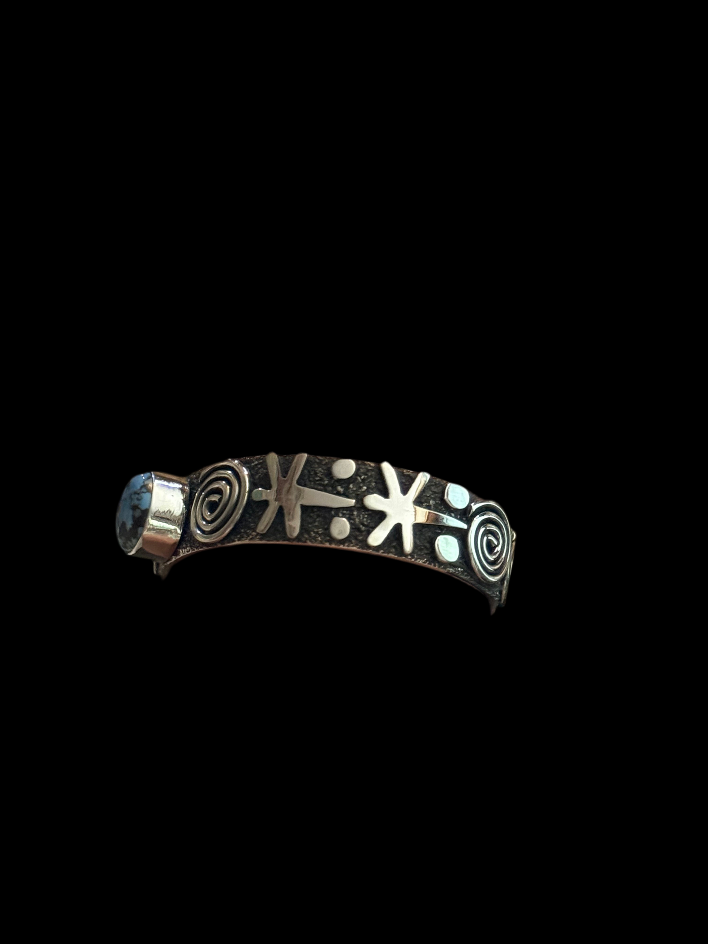 Petroglyph Cuff with Blue Kingman Web Turquoise by Alex Sanchez, Navajo (narrow)