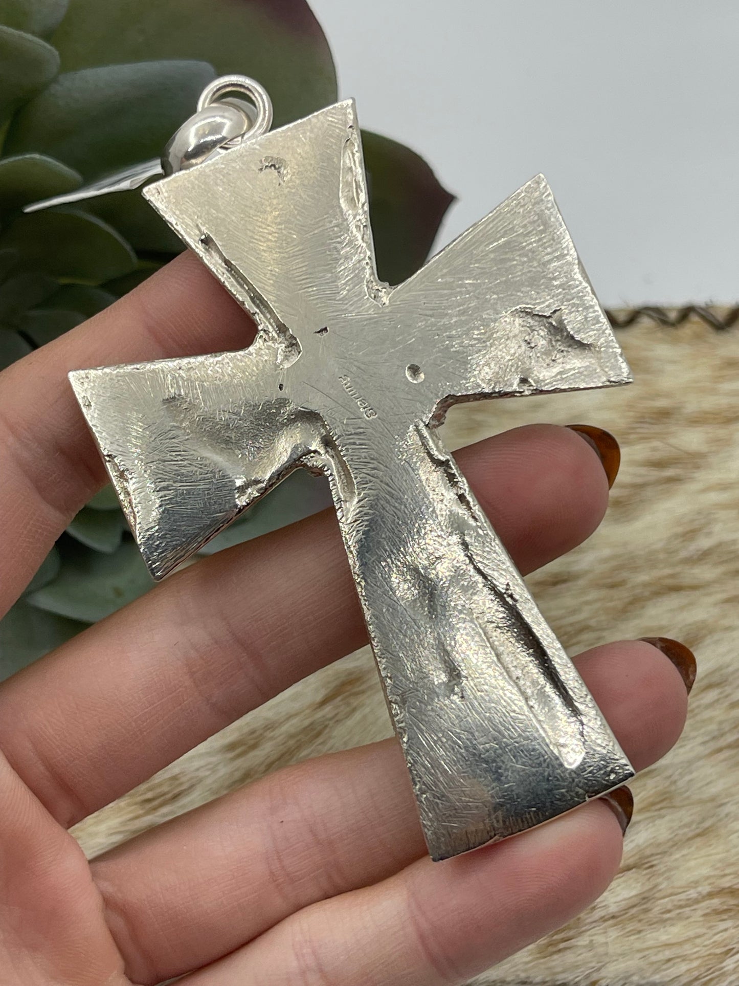 Heavy Silver Cross Pendant with Turquoise and a 10mm Bale by Virick Laweka, Zuni
