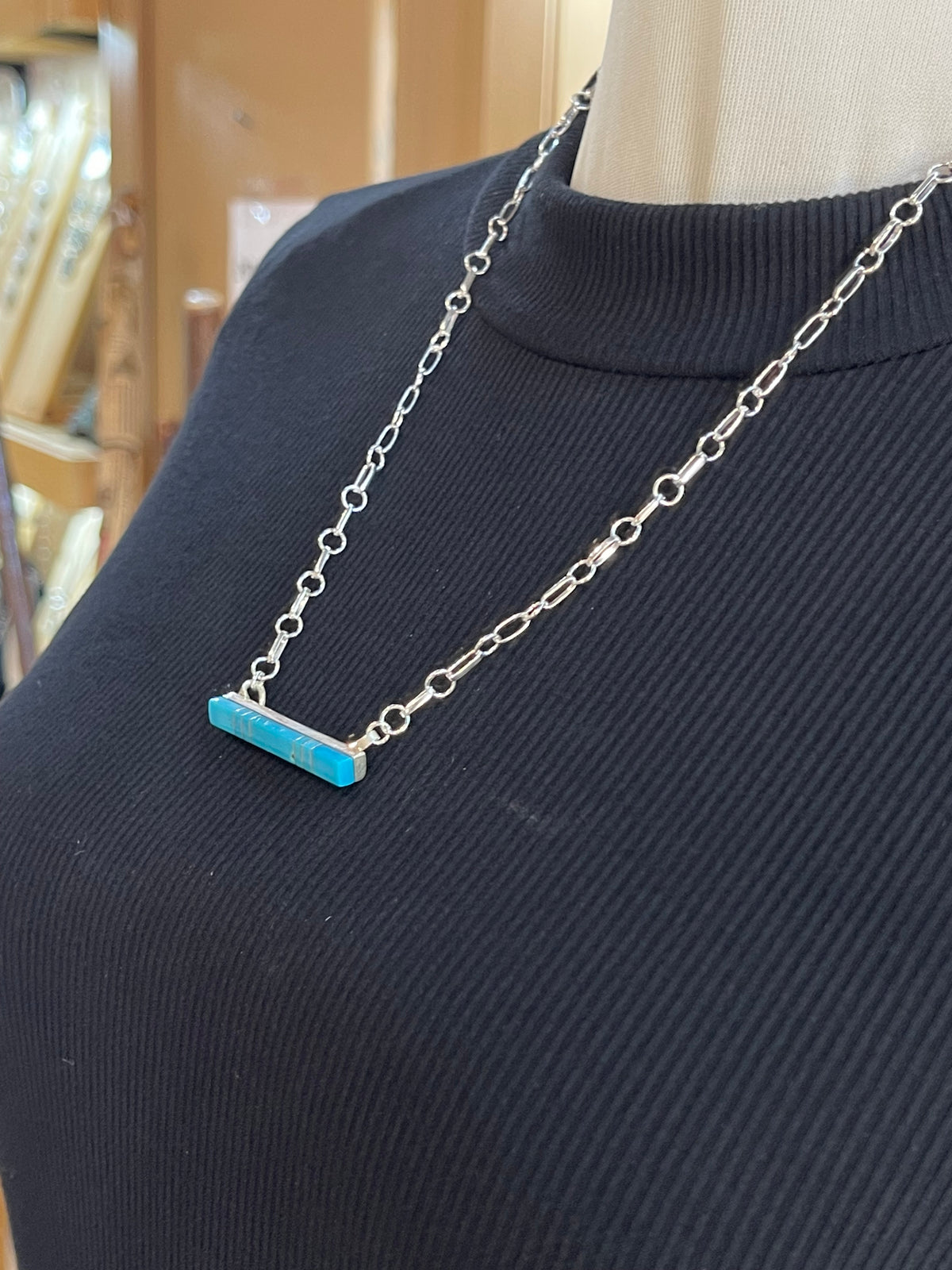 22" Turquoise Inlay Bar Necklace by MaDerral Kallestewa, Zuni