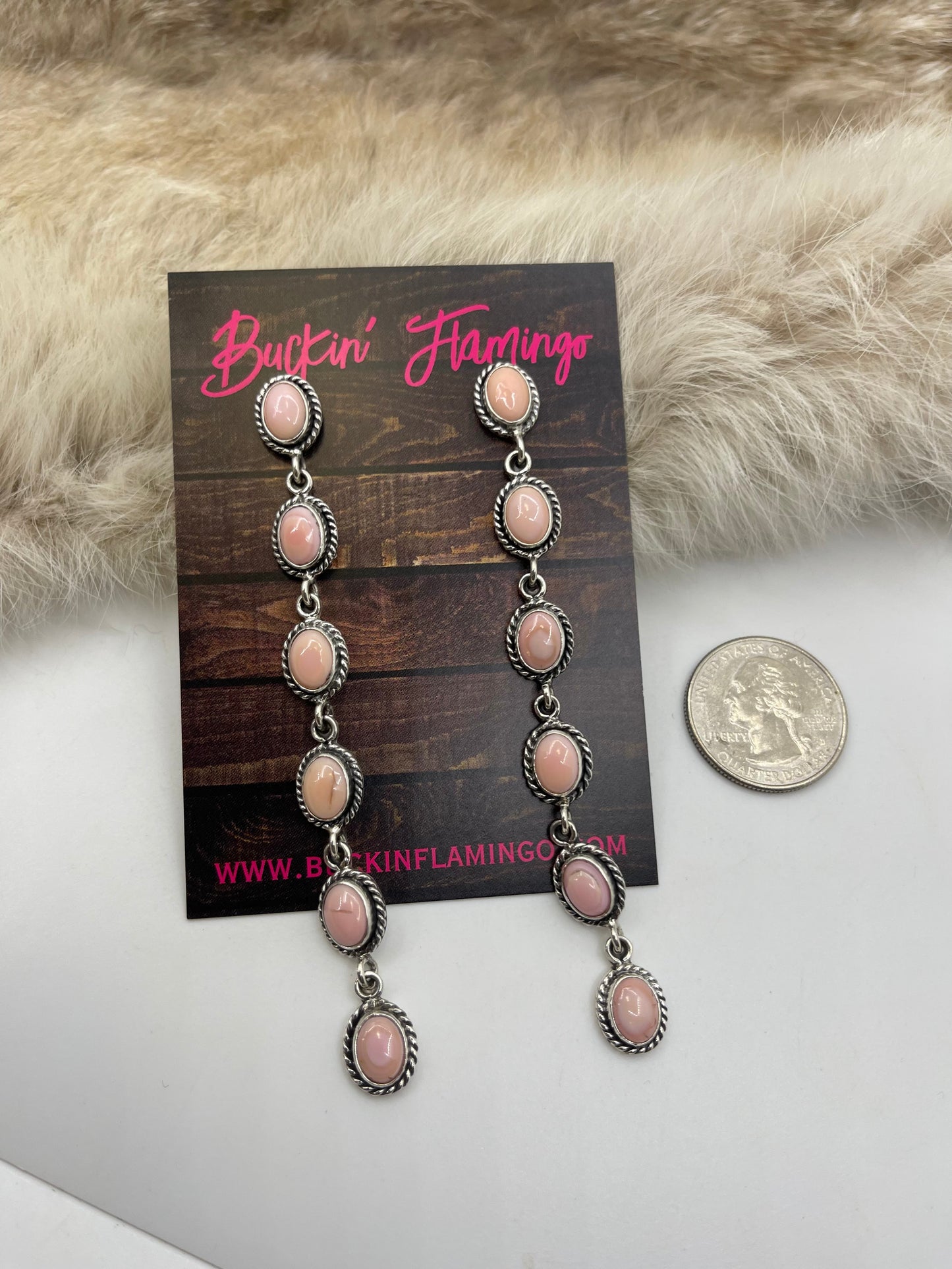 6 Stone Pink Conch Shell Drop Earring with Rope Border