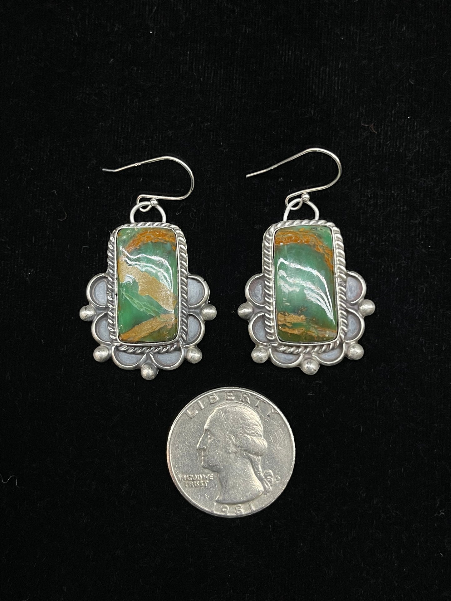 Mantis Turquoise Rectangle Dangle Earrings by Terrell Nez, Sr. Navajo