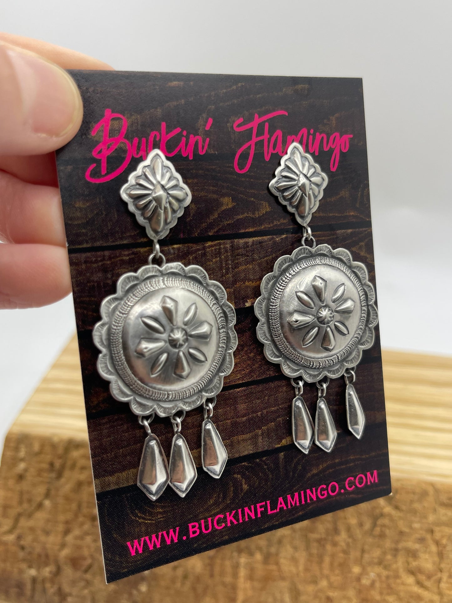 Silver Double Concho with Fringe Post Dangle Earrings by Terry Charlie, Navajo
