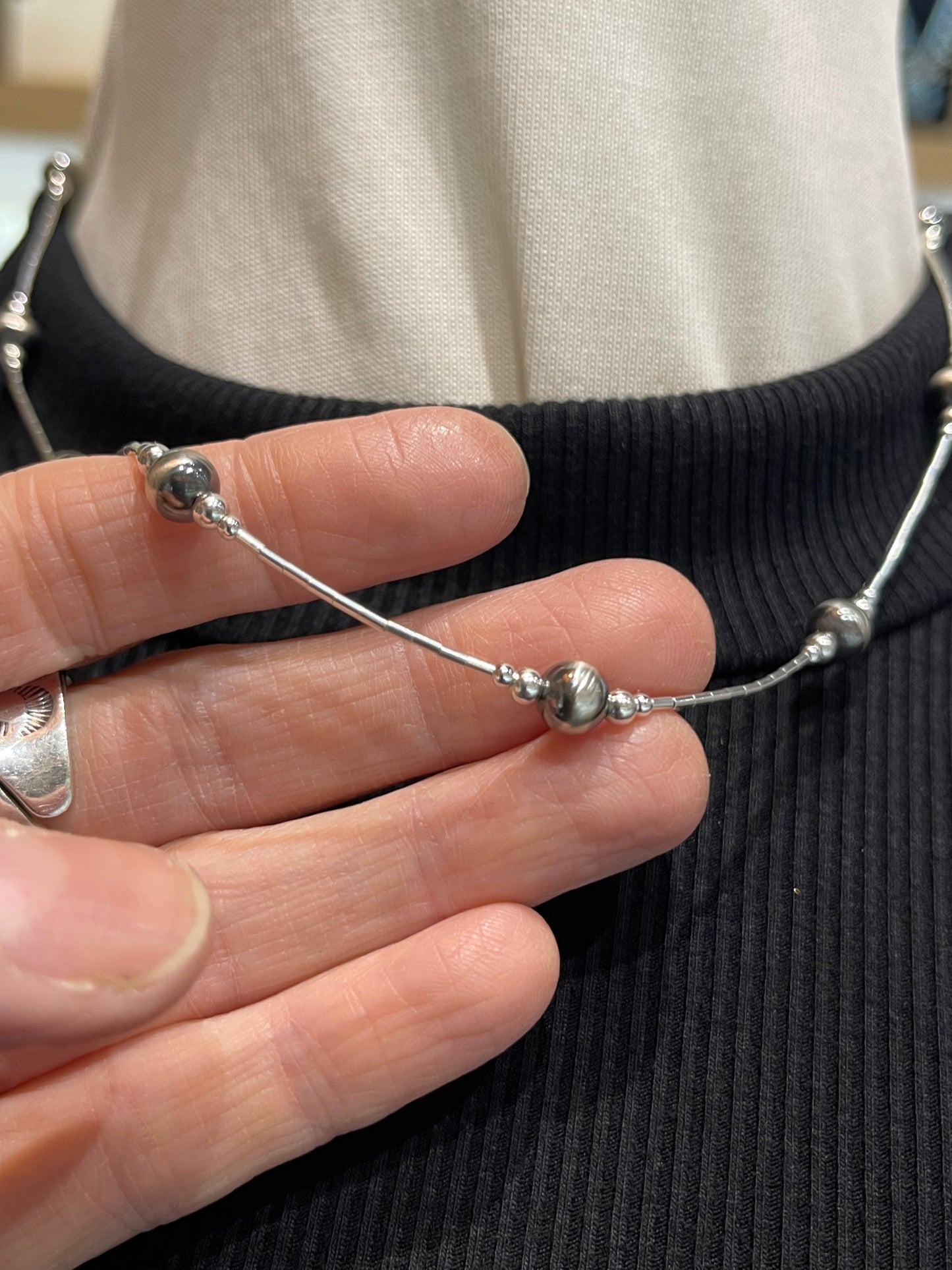 17" Liquid Silver Strand With 6mm Navajo Style Pearls