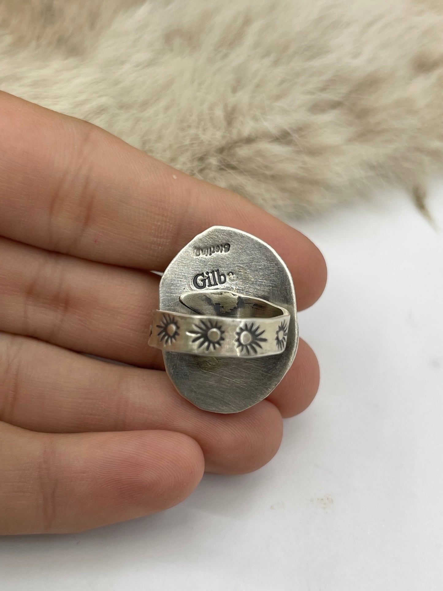 7.0 Golden Hills Turquoise Ring by Gilbert Nez, Navajo