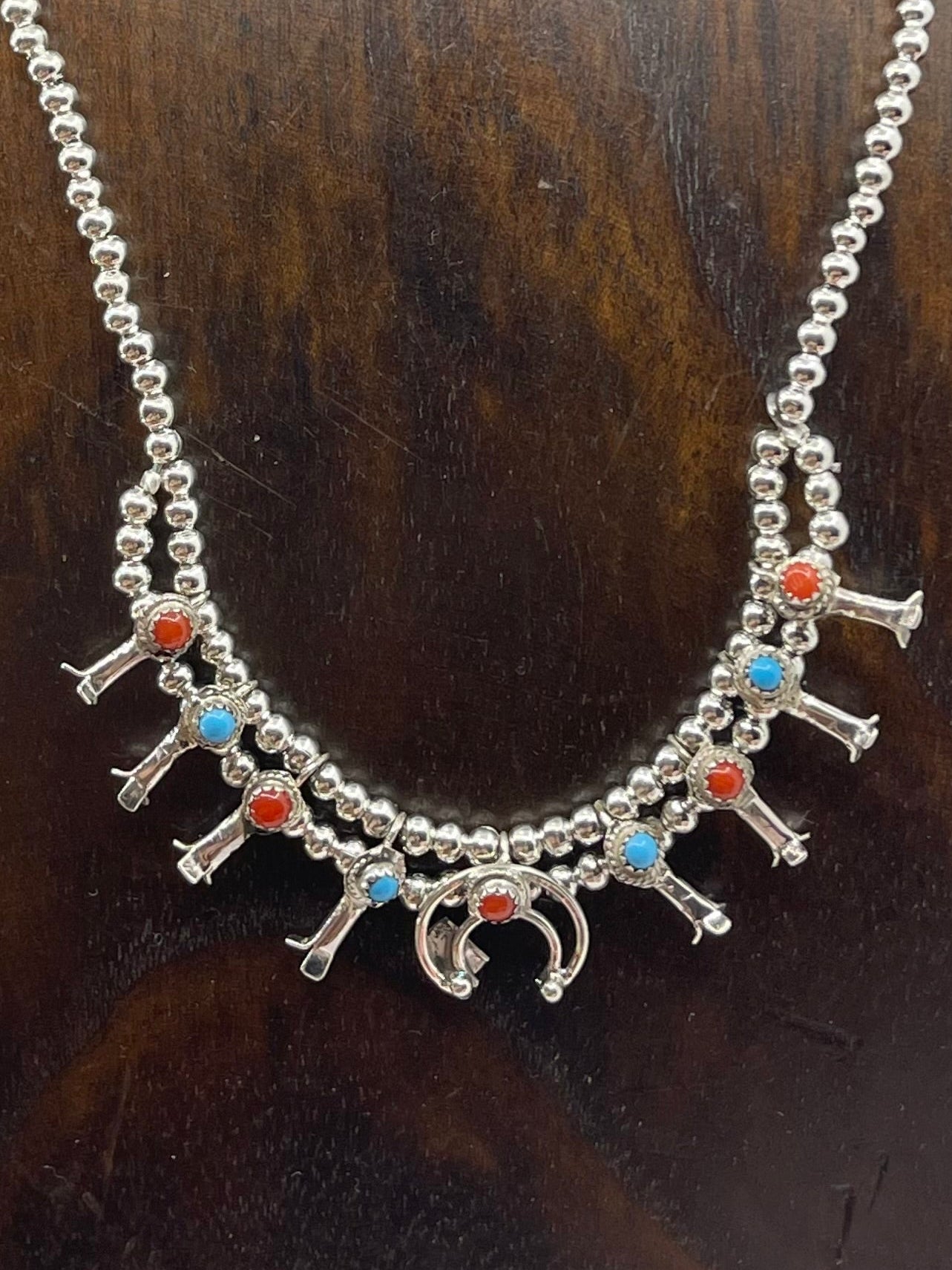 16" Mini Multi Stone Squash Blossom Red & Coral Sterling Blossoms