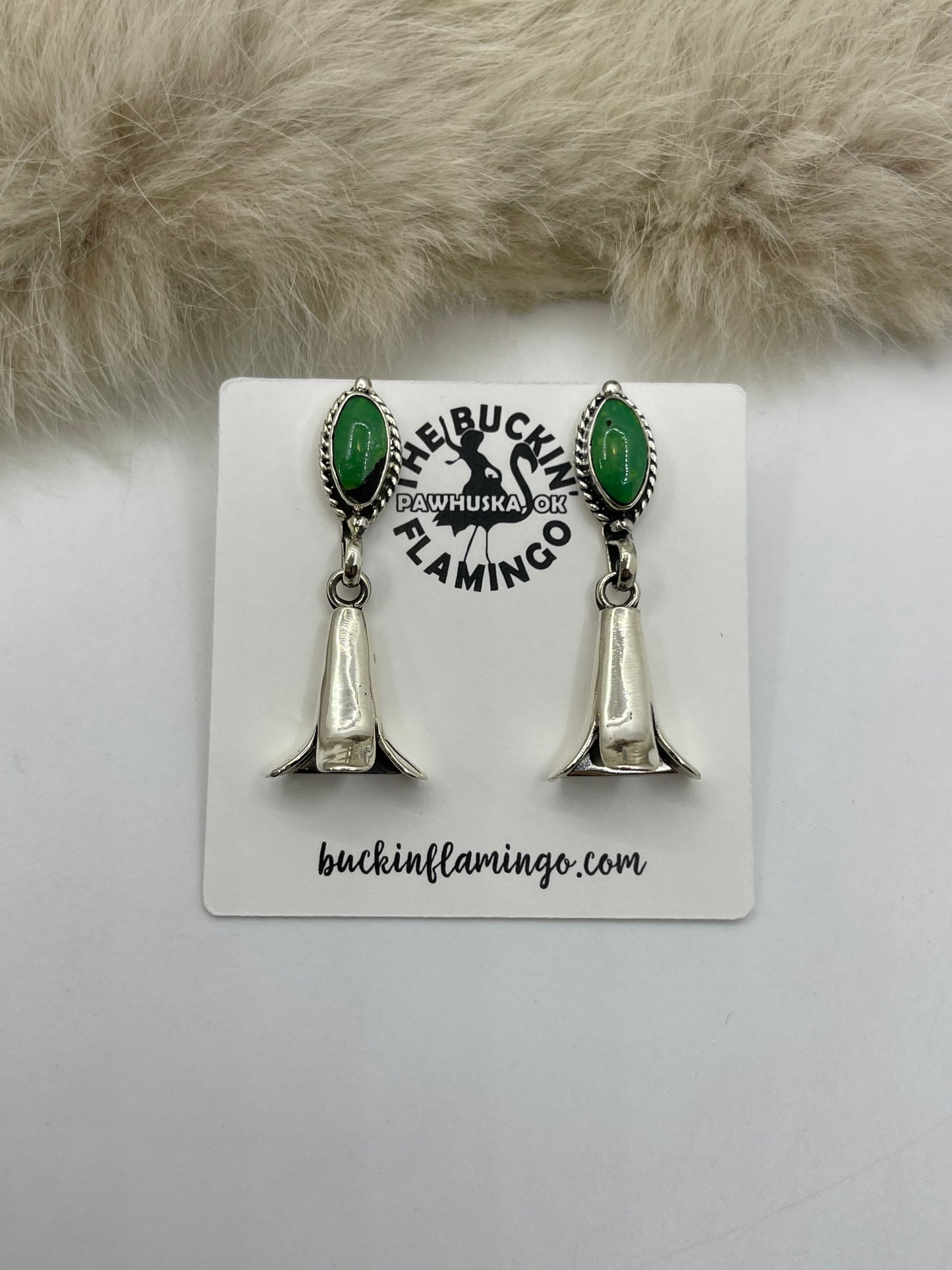 Green Turquoise Half Blossom Earrings by Ryntanna Yazzie, Navajo