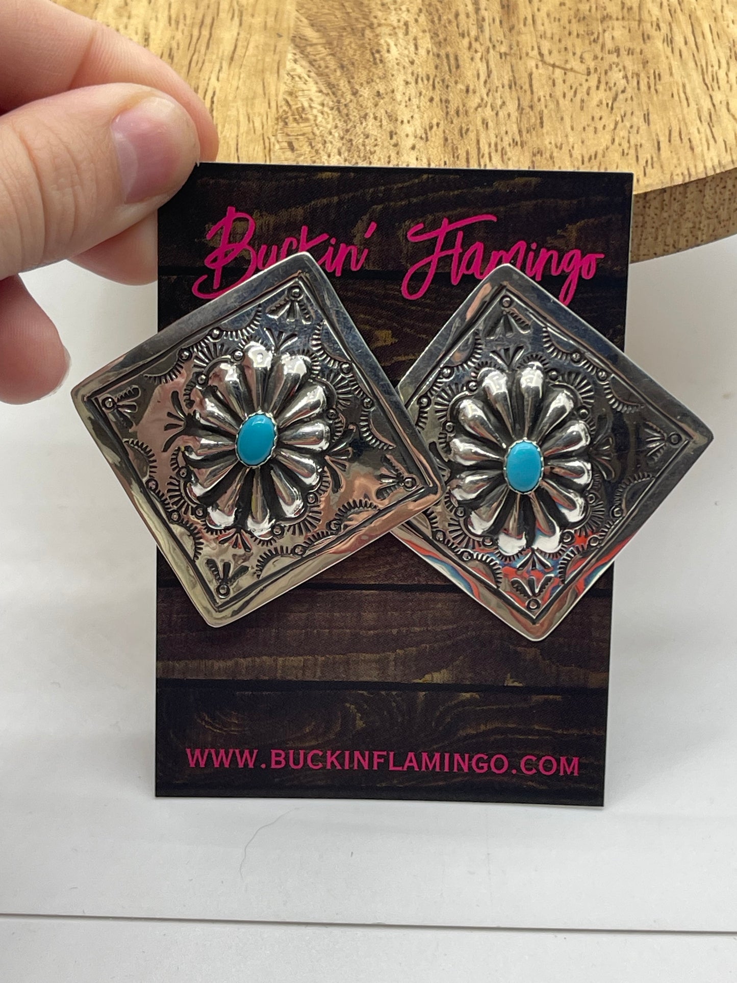 Concho Turquoise Post Square Earrings by Genevieve Blackgoat, Navajo