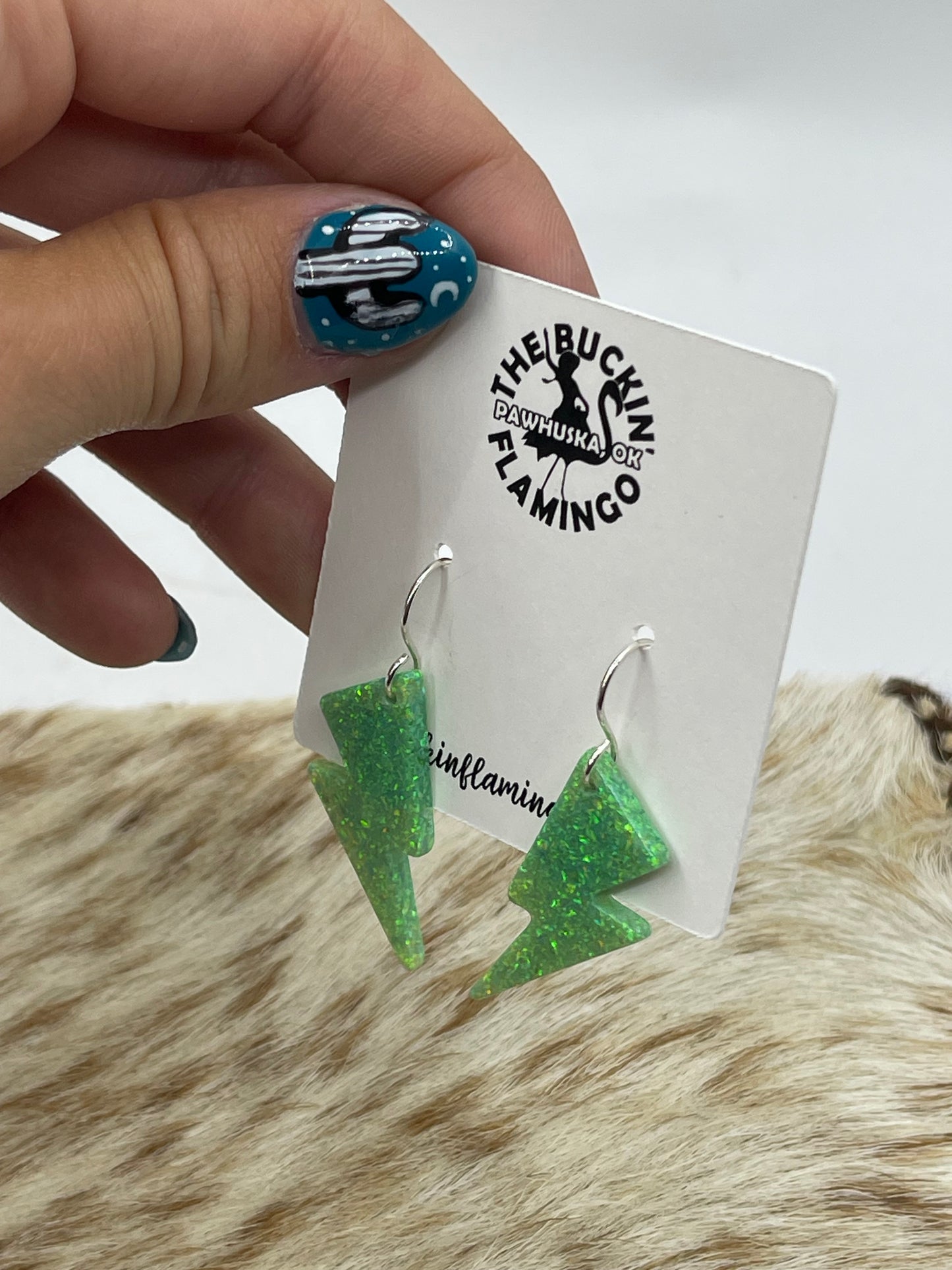 Green Opal Lightning Bolt Dangle Earrings