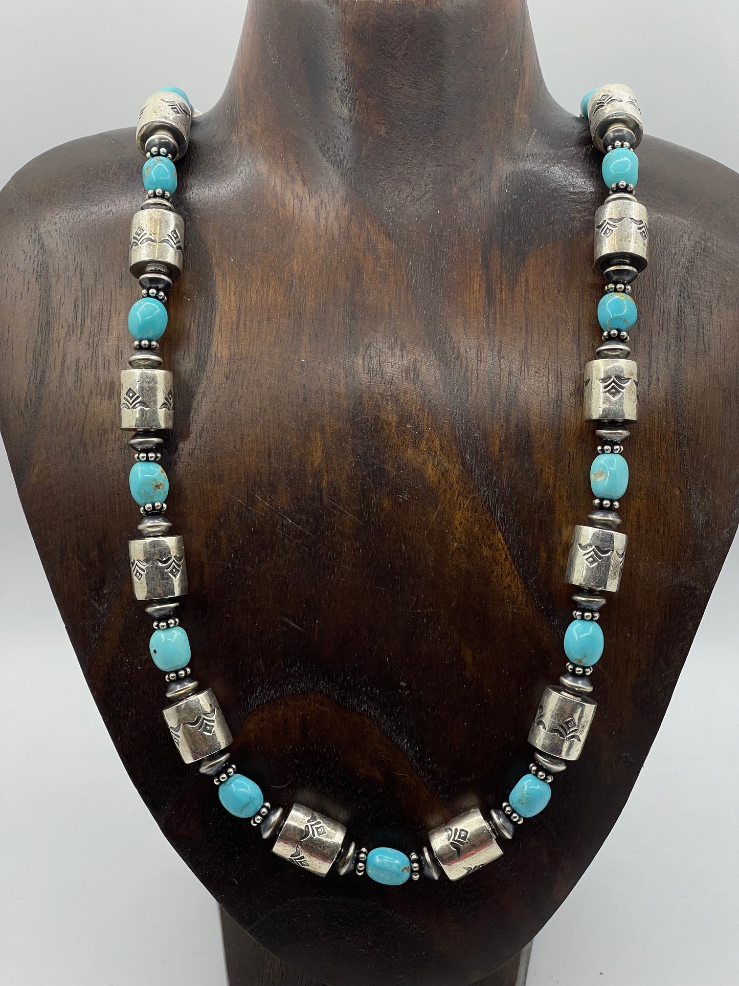LOT 95 1/25      30" Turquoise and Stamped Sterling Silver Barrel Beads
