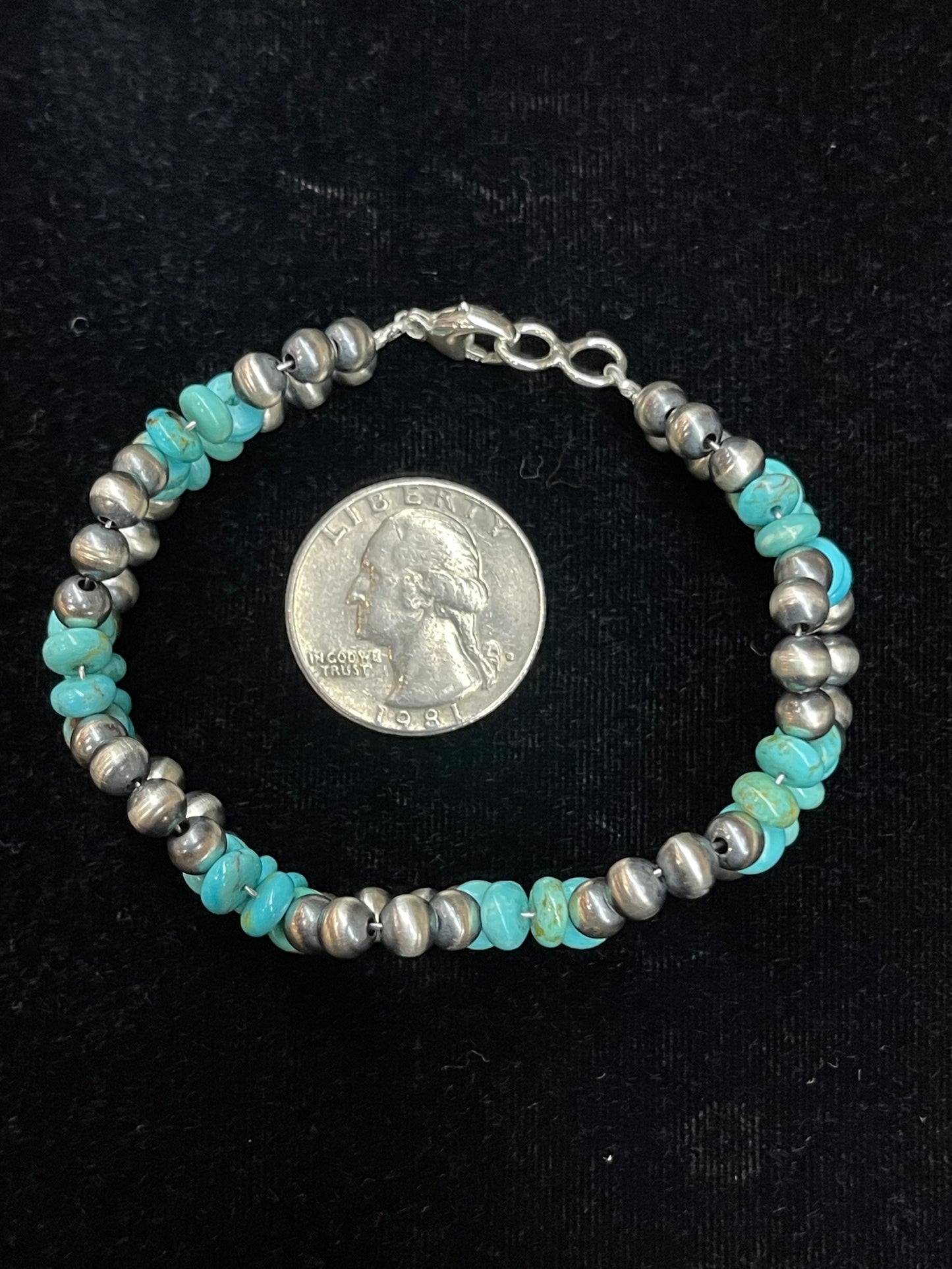 7 1/4" 5mm Silver Pearls with Turquoise  Bracelet