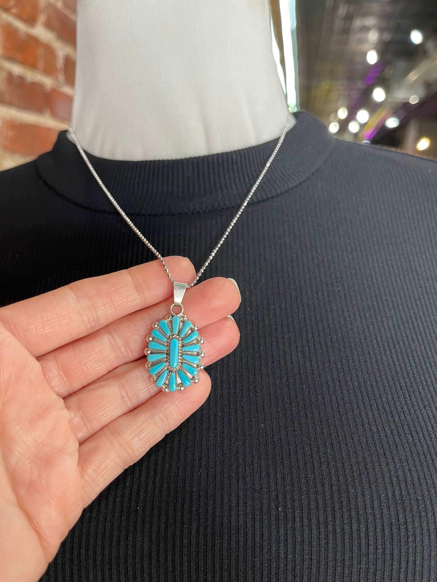 18"+3" Turquoise Needlepoint Cluster Pendant Necklace by Vera Halusewa, Zuni