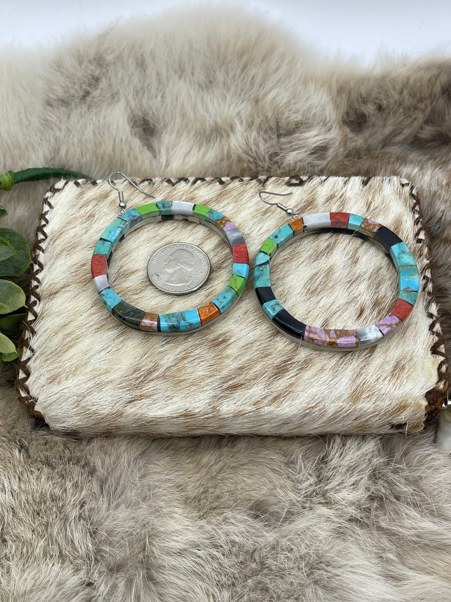 Multi Stone Inlay Hoop Earrings by Jolene Bird, Santo Domingo