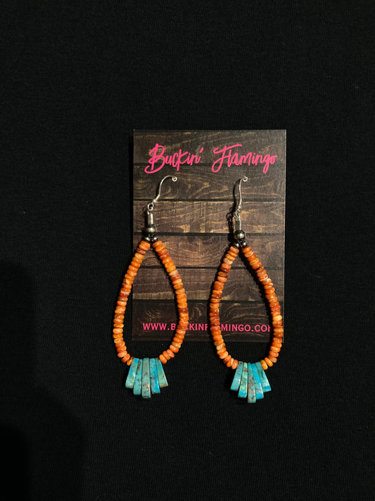 Orange Spiny Oyster Shell and Turquoise Teardrop Dangle Earrings